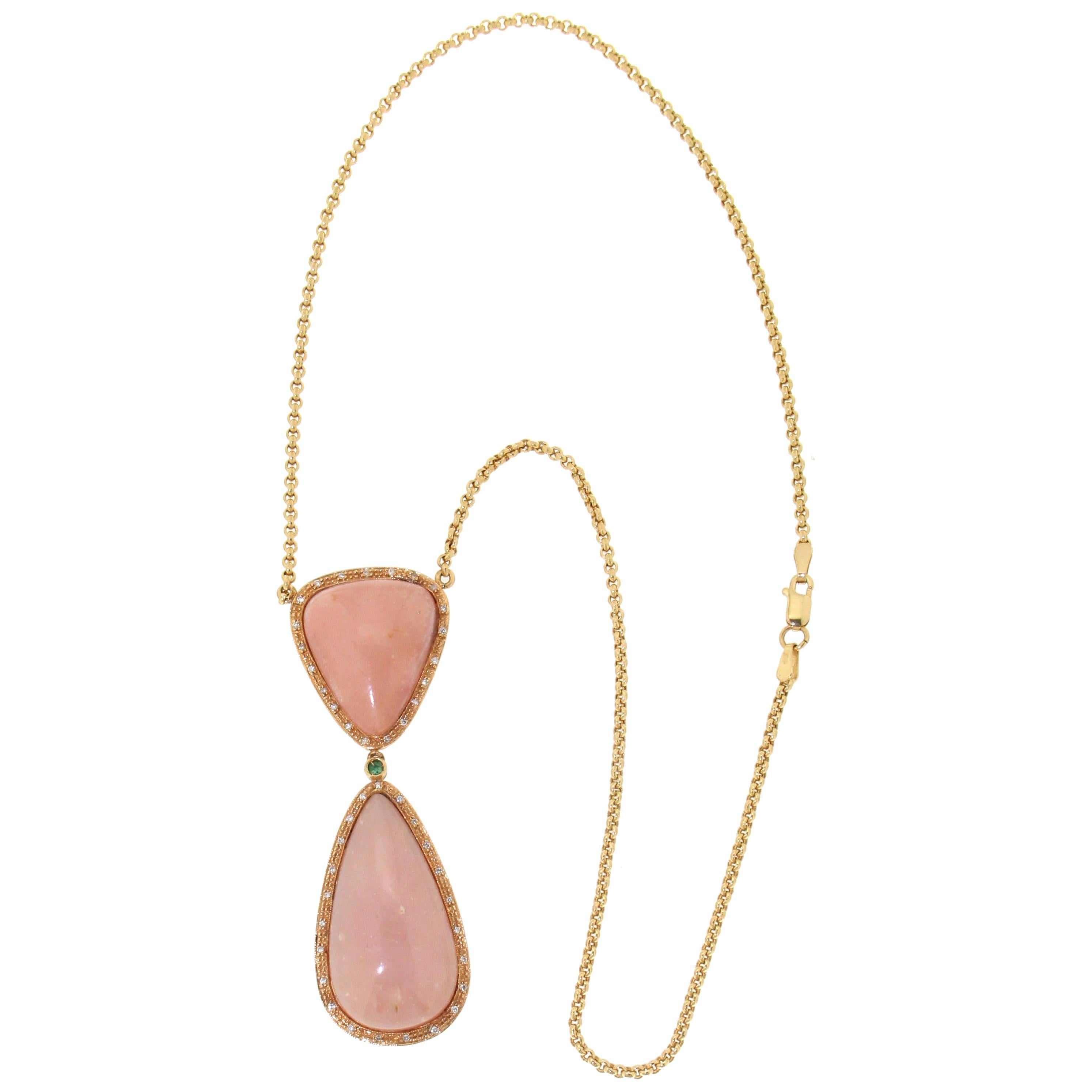 Handcraft Pink Opal 18 Karat Yellow Gold Diamonds Pendant Necklace