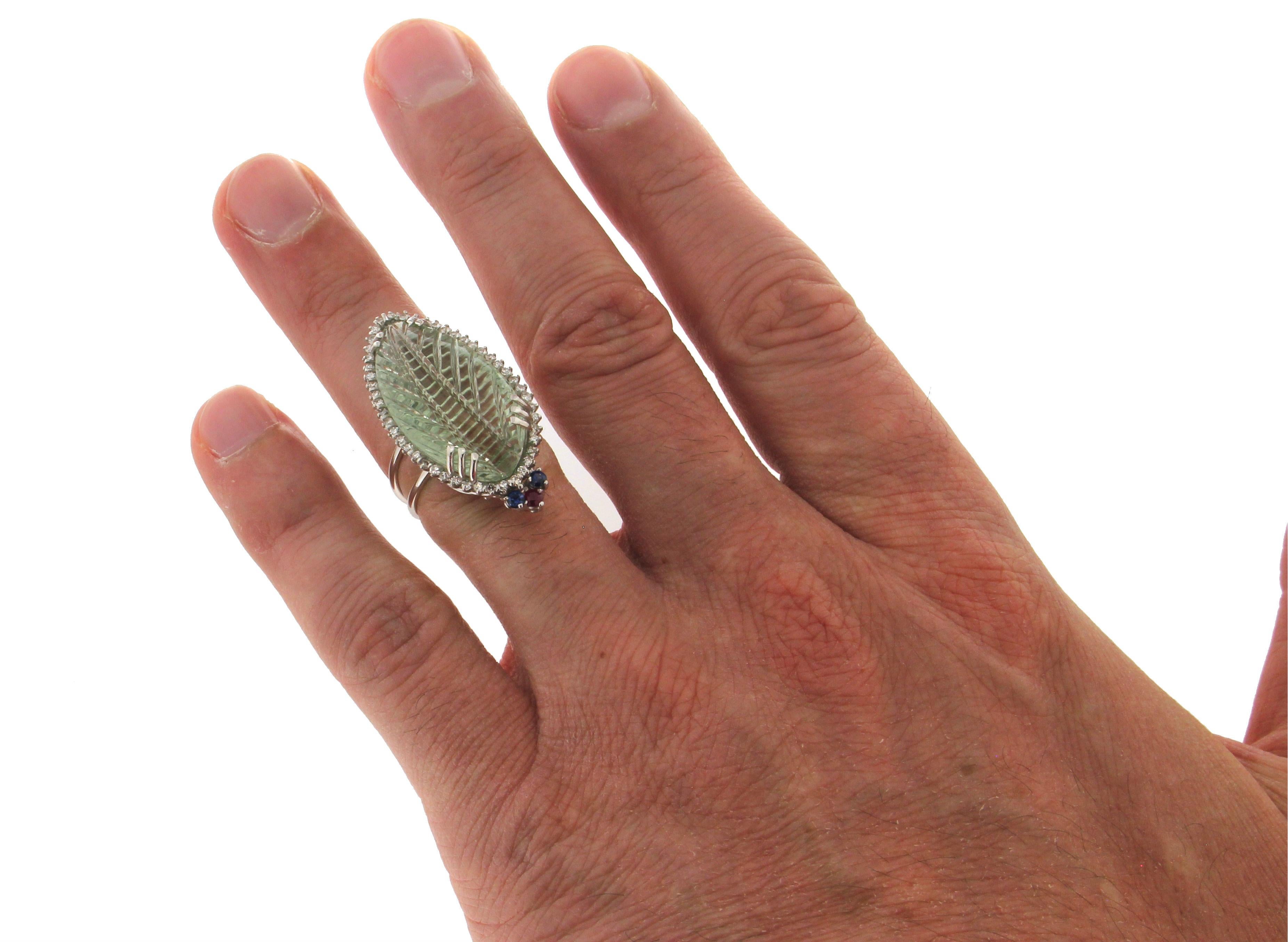 Anello da cocktail con prasiolite in oro bianco 18 carati, diamanti, rubini e zaffiri in vendita 4