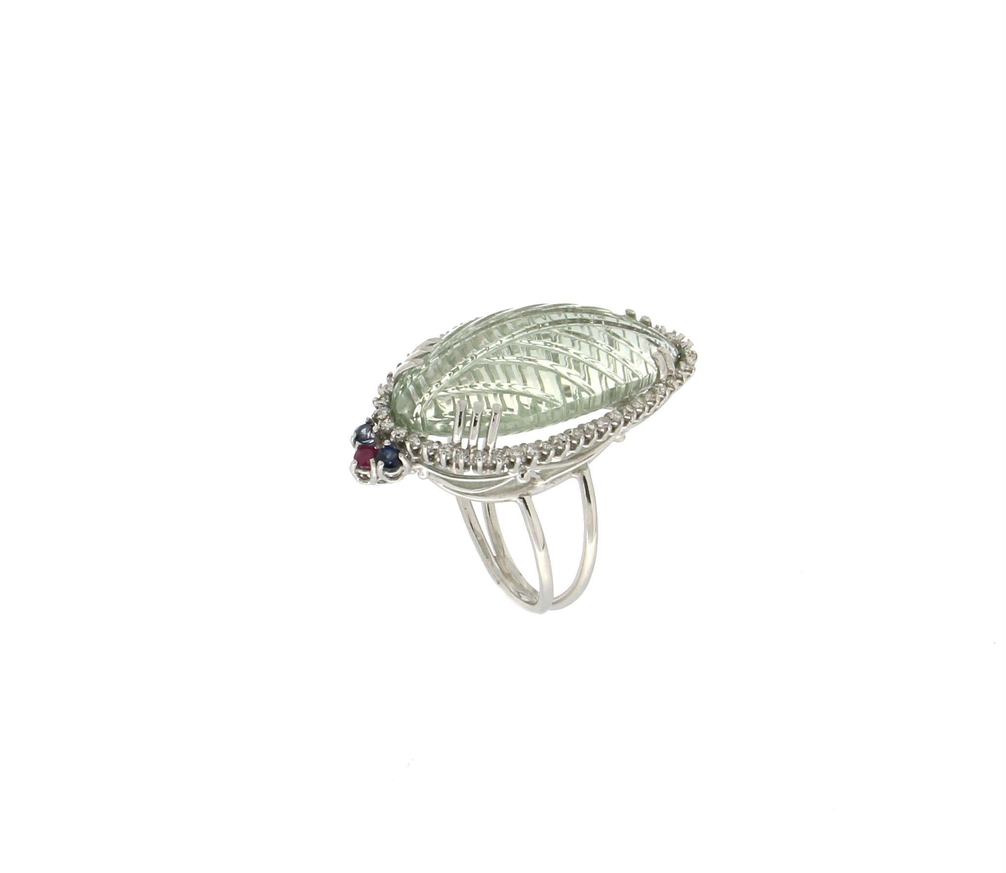 Brilliant Cut Handcraft Prasiolite 18 Karat White Gold Diamonds Ruby Sapphires Cocktail Ring For Sale