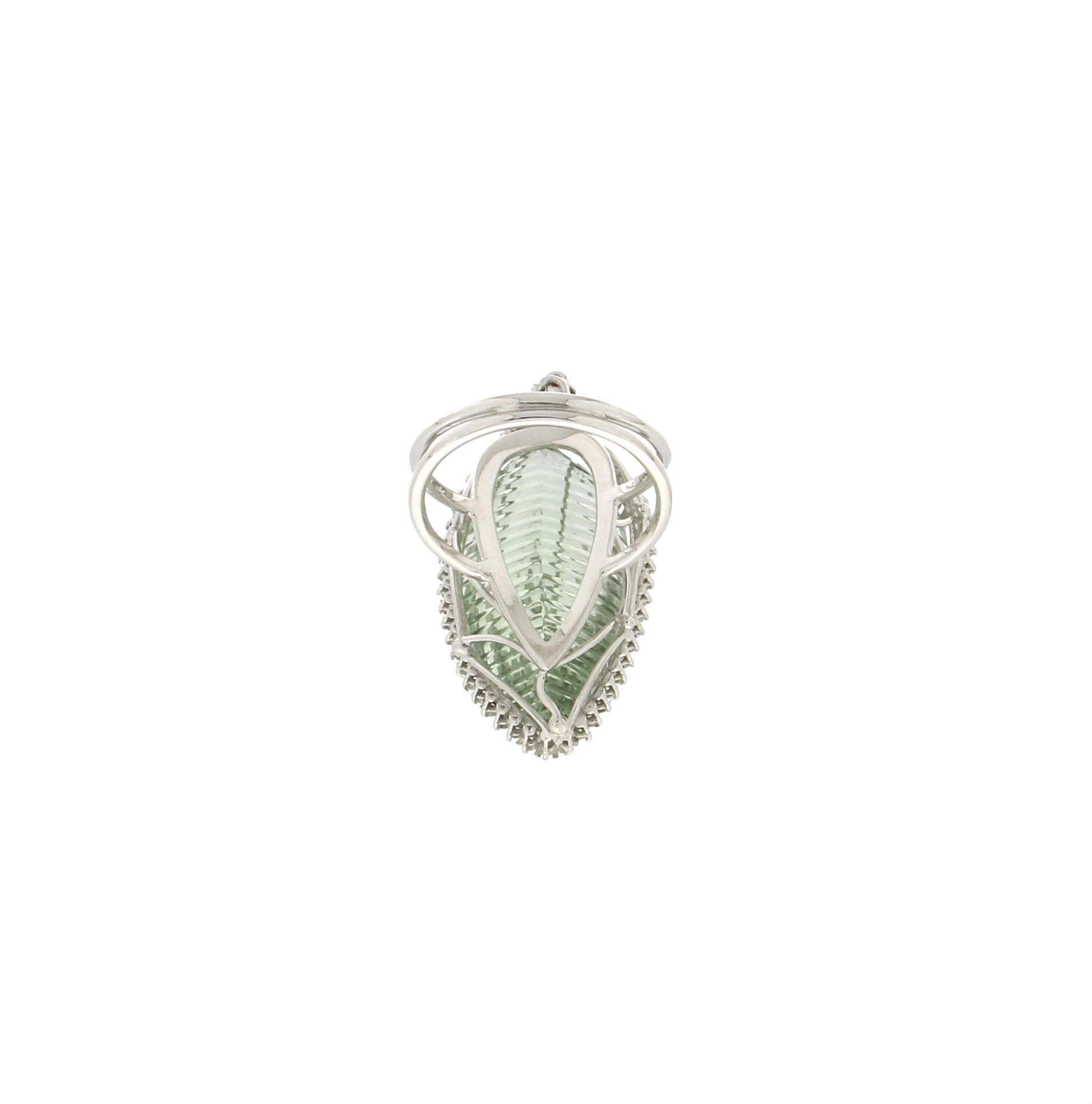 Women's Handcraft Prasiolite 18 Karat White Gold Diamonds Ruby Sapphires Cocktail Ring For Sale