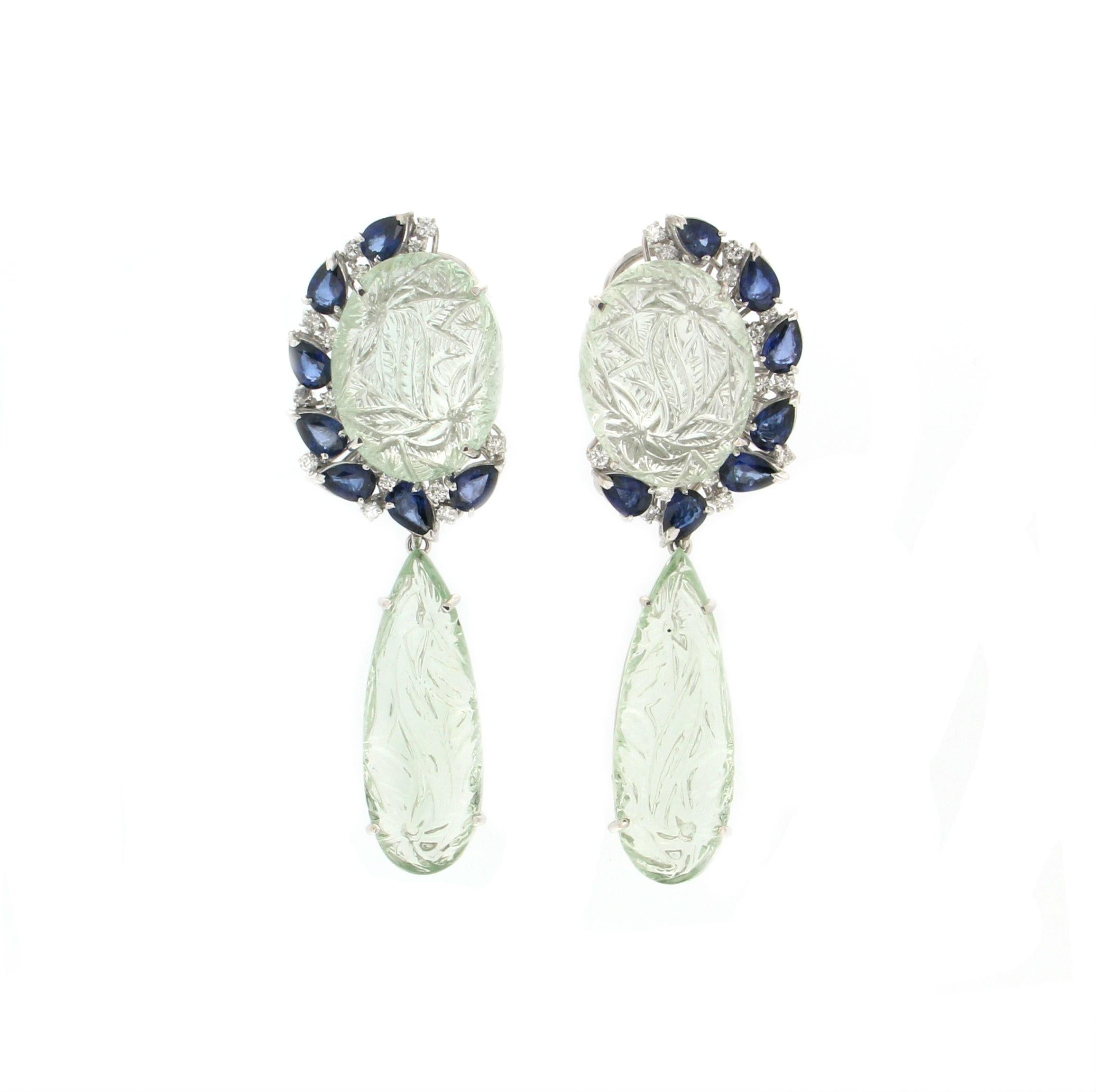 Brilliant Cut Handcraft Prasiolite 18 Karat White Gold Sapphires Diamonds Drop Earrings For Sale