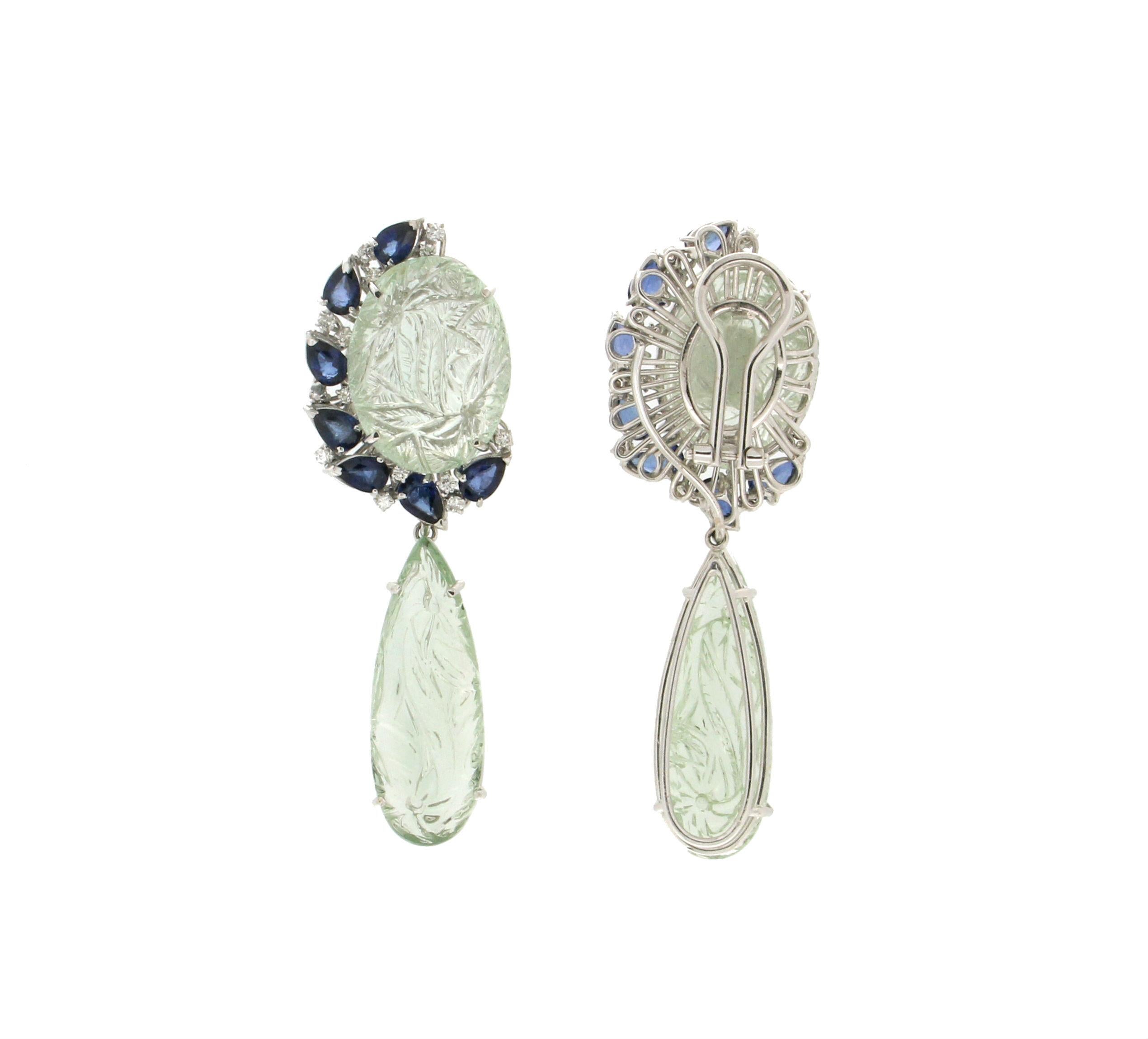 Handcraft Prasiolite 18 Karat White Gold Sapphires Diamonds Drop Earrings In New Condition For Sale In Marcianise, IT