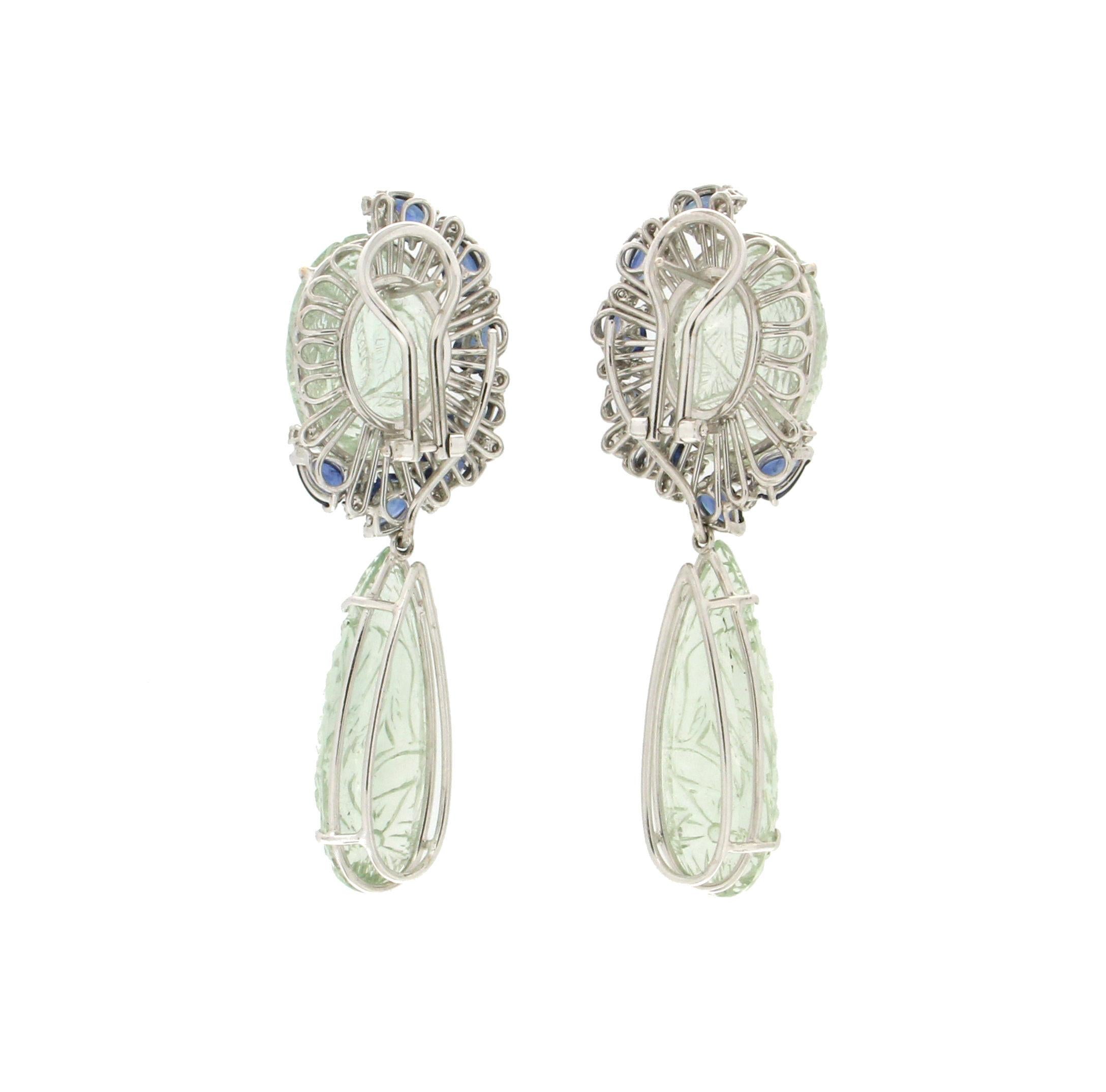 Women's or Men's Handcraft Prasiolite 18 Karat White Gold Sapphires Diamonds Drop Earrings For Sale