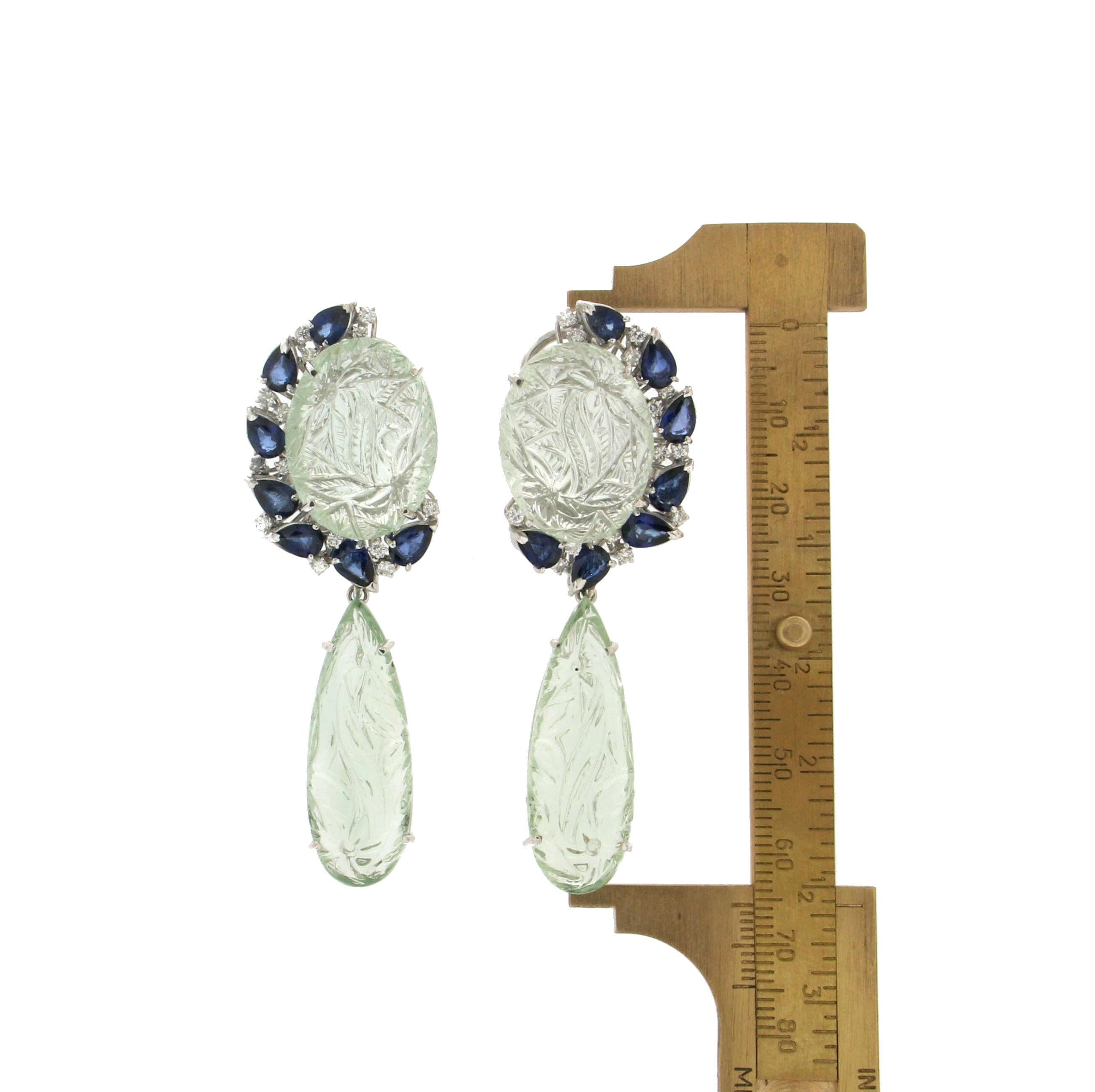 Handcraft Prasiolite 18 Karat White Gold Sapphires Diamonds Drop Earrings For Sale 1