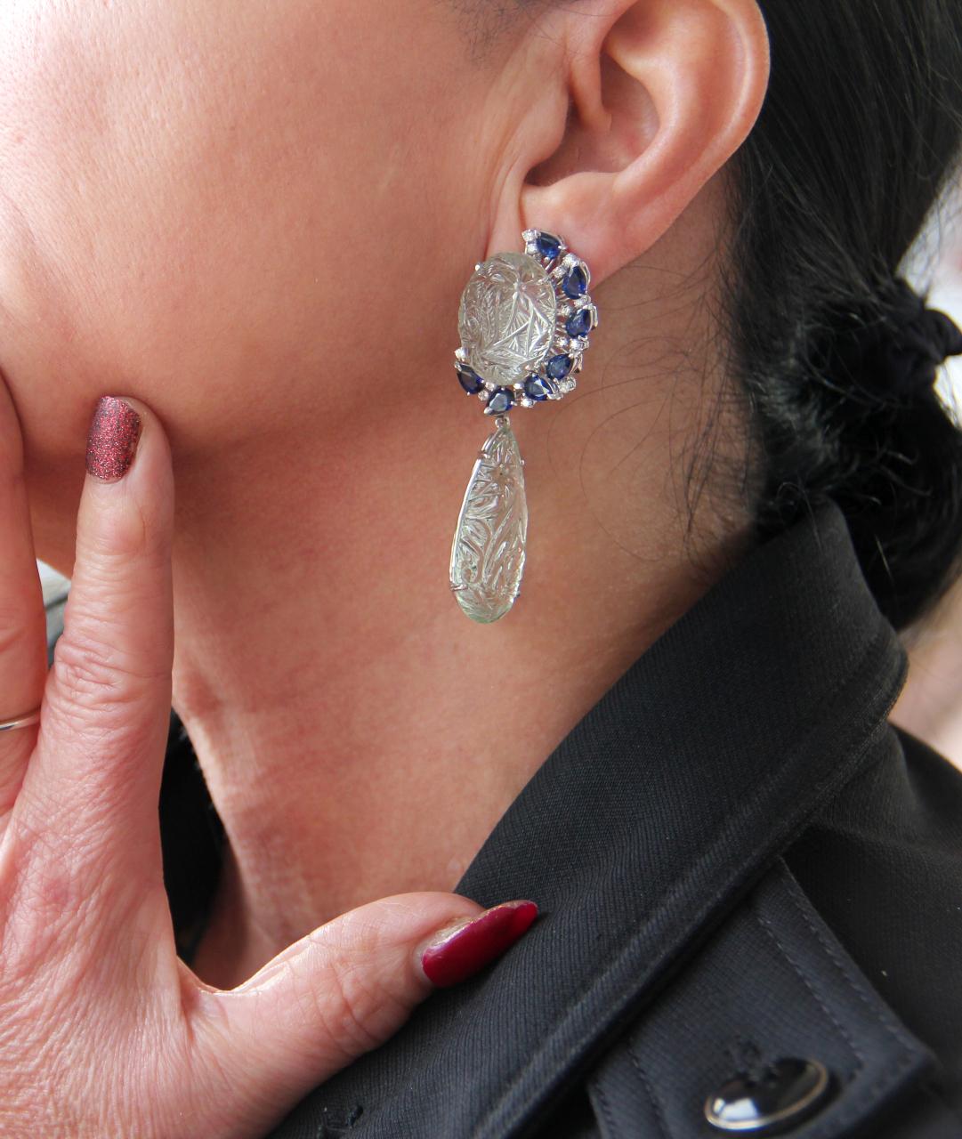 Handcraft Prasiolite 18 Karat White Gold Sapphires Diamonds Drop Earrings 2