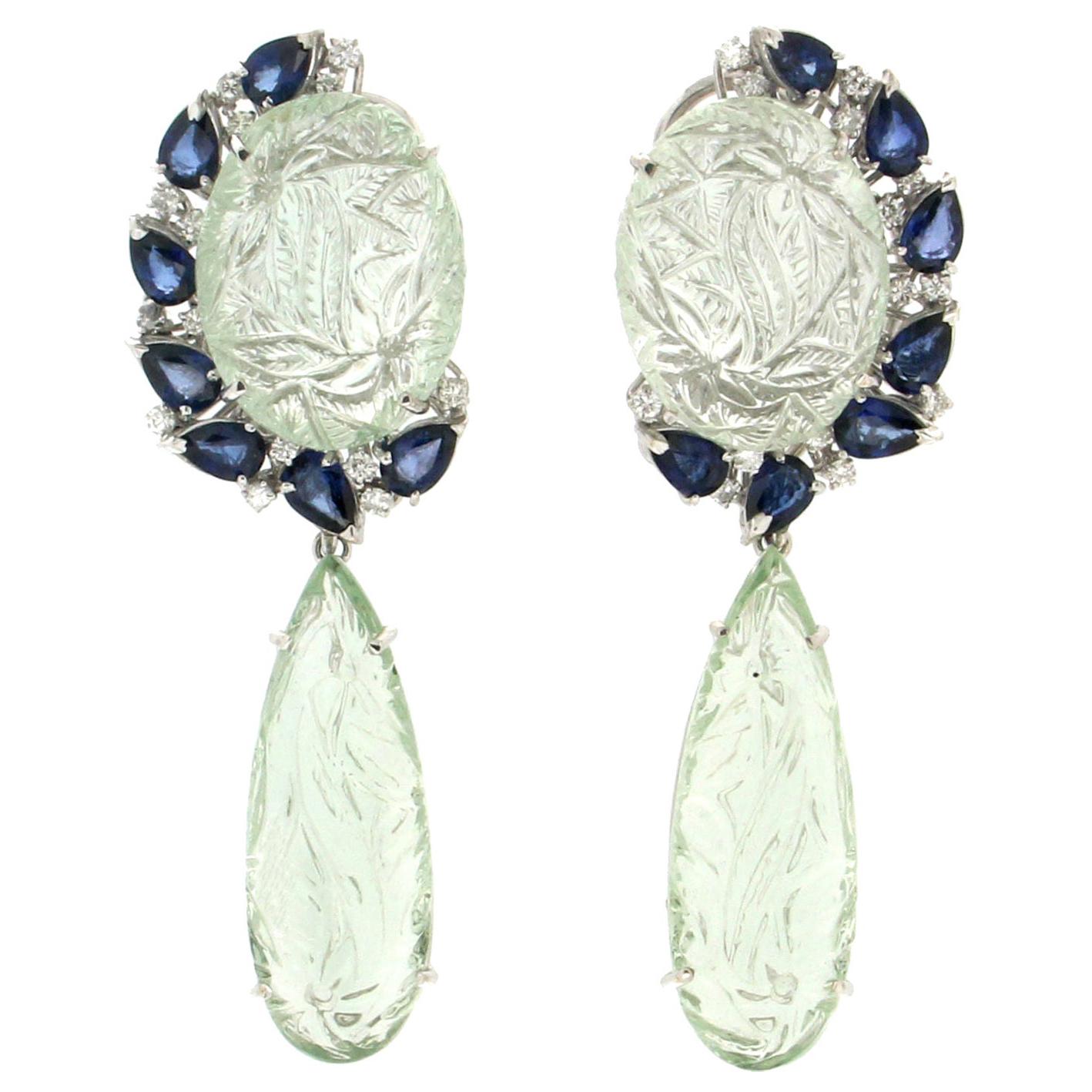 Handcraft Prasiolite 18 Karat White Gold Sapphires Diamonds Drop Earrings For Sale