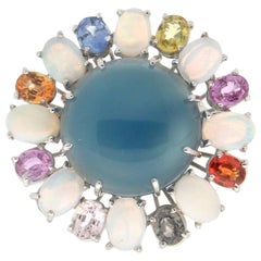 Handcraft Quartz 18 Karat White Gold Opals Sapphires Cocktail Ring