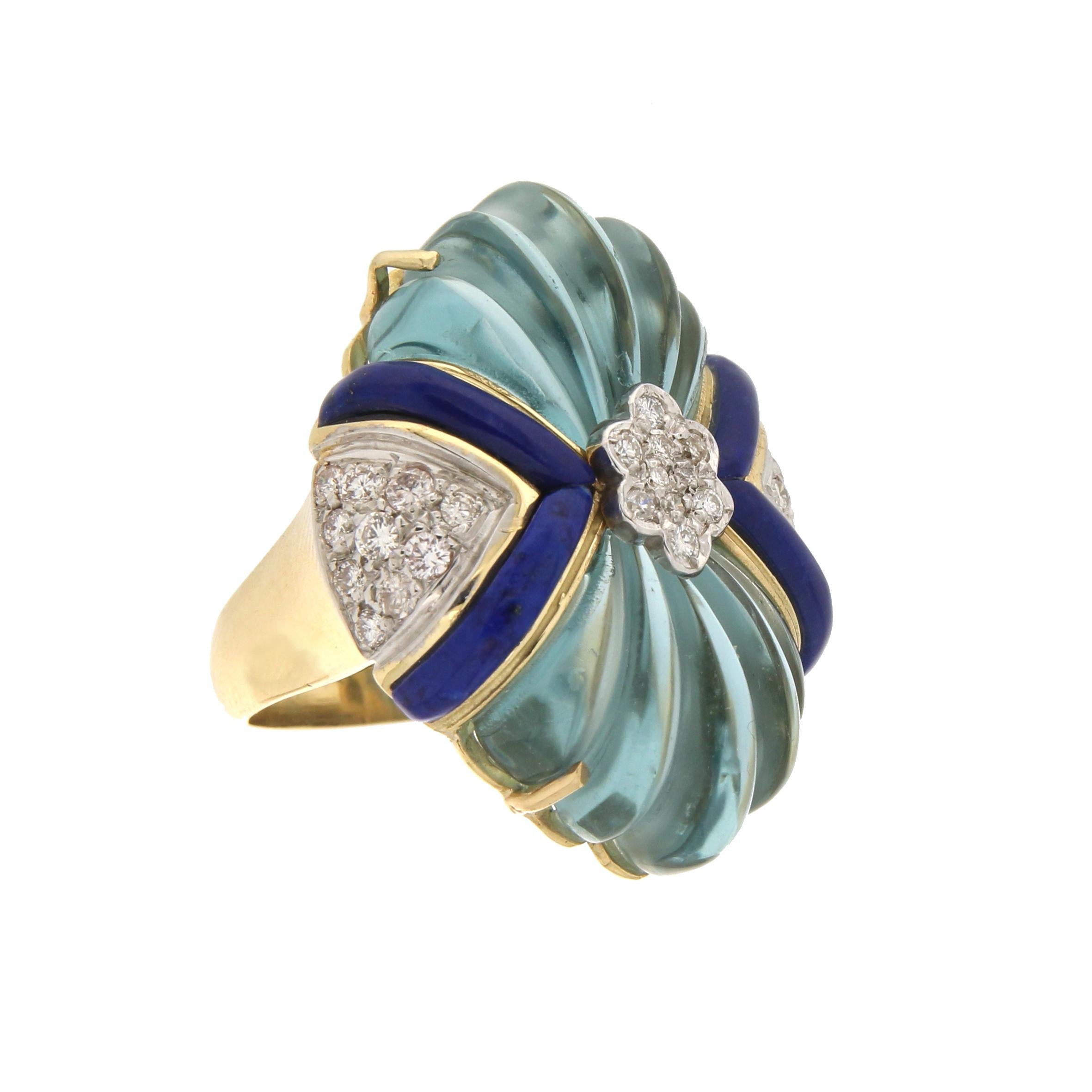 Handcraft Quartz 18 Karat Yellow and White Gold Diamonds Lapis Cocktail Ring In New Condition In Marcianise, IT