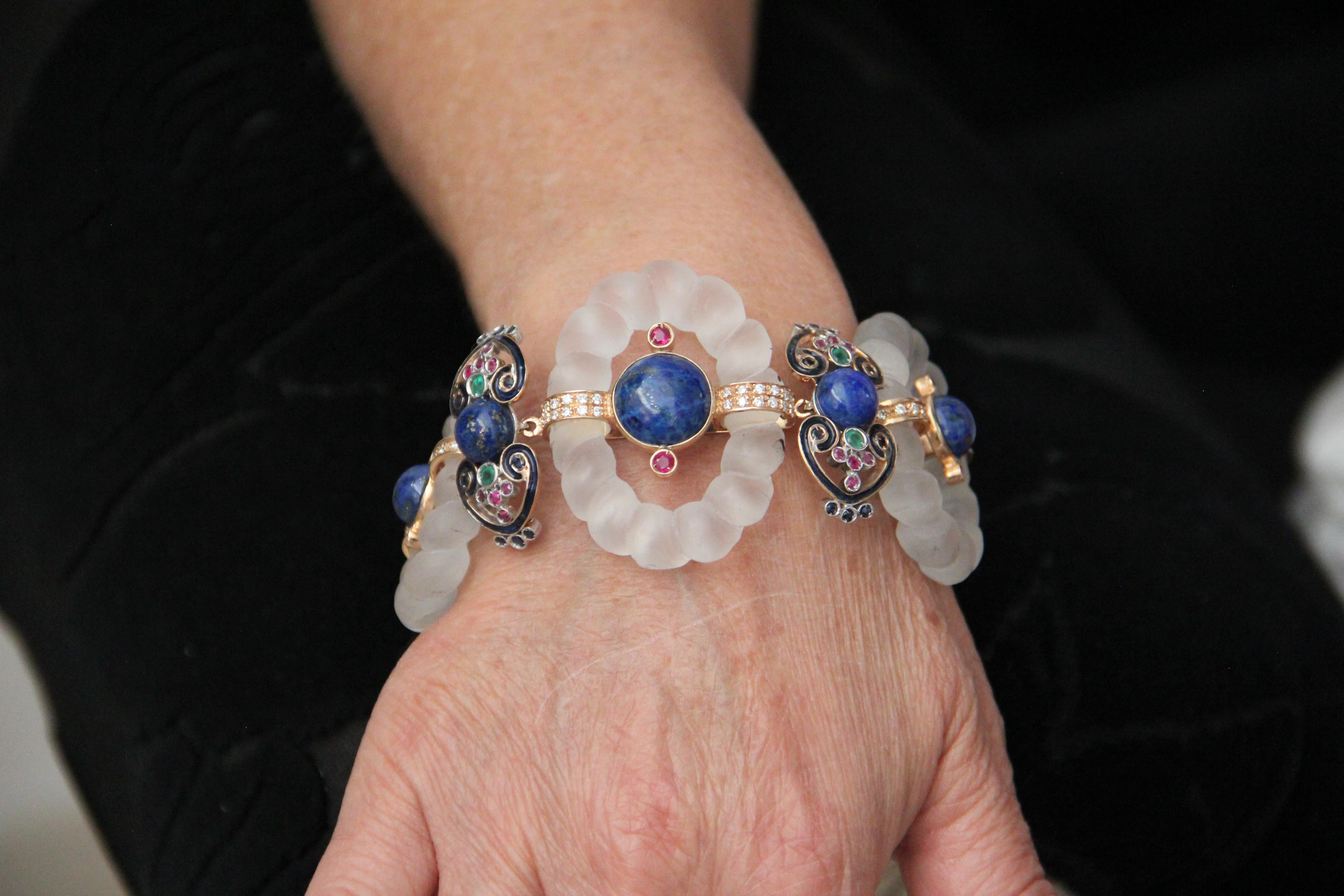 Handcraft Rock Crystal 14 Karat Yellow Gold Diamonds Lapis Lazuli Cuff Bracelet For Sale 6