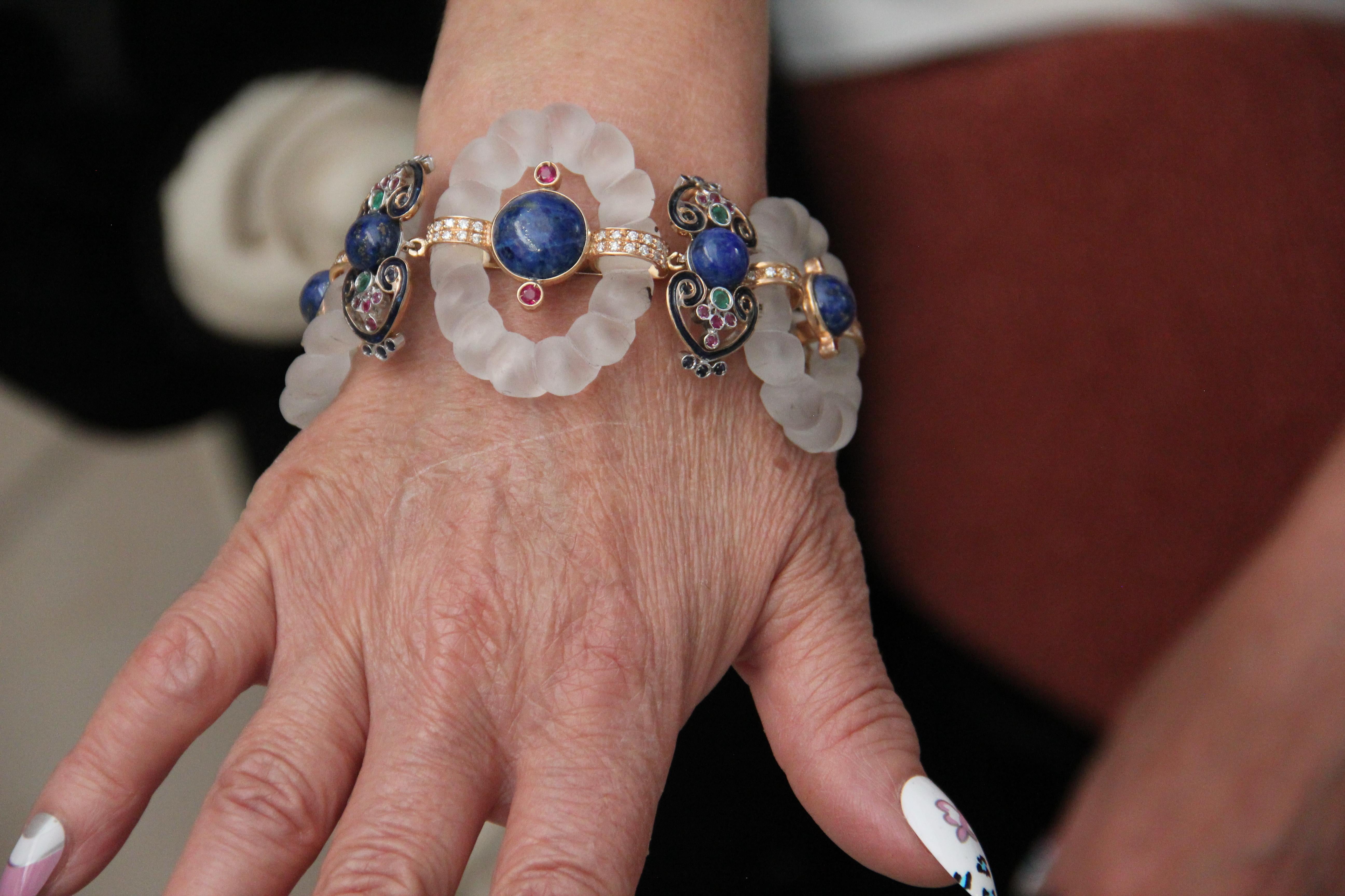 Handcraft Rock Crystal 14 Karat Yellow Gold Diamonds Lapis Lazuli Cuff Bracelet For Sale 8