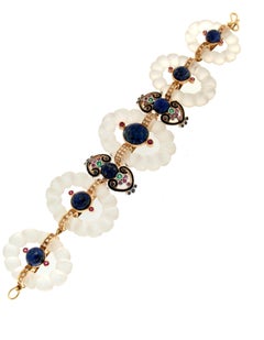 Handcraft Rock Crystal 14 Karat Yellow Gold Diamonds Lapis Lazuli Cuff Bracelet