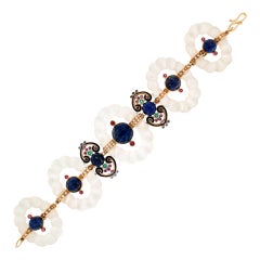 Pulsera Brazalete Artesanal Cristal de Roca Oro Amarillo 14 Kilates Diamantes Lapislázuli