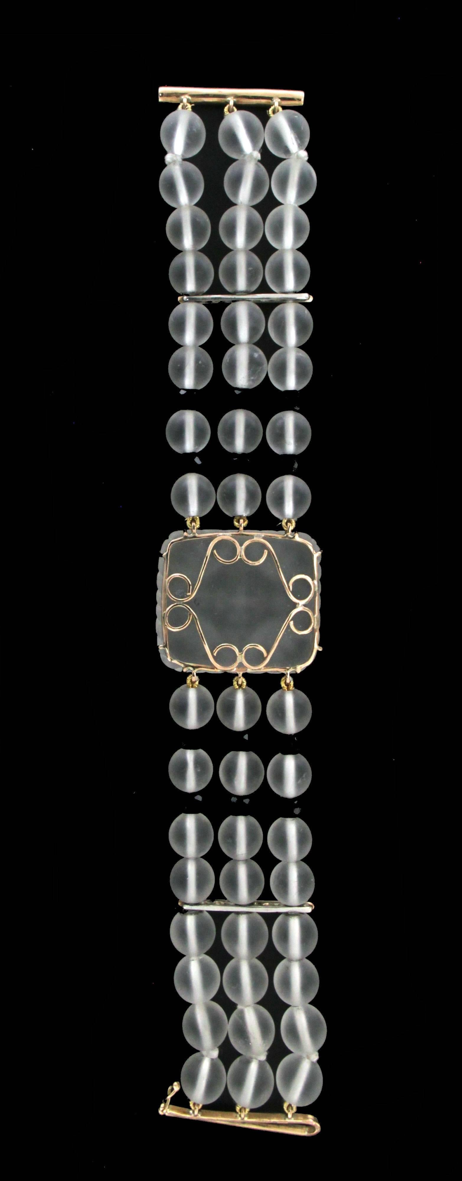 Artisan Handcraft Rock Crystal 14 Karat Yellow Gold Onyx Diamonds Cuff Bracelet