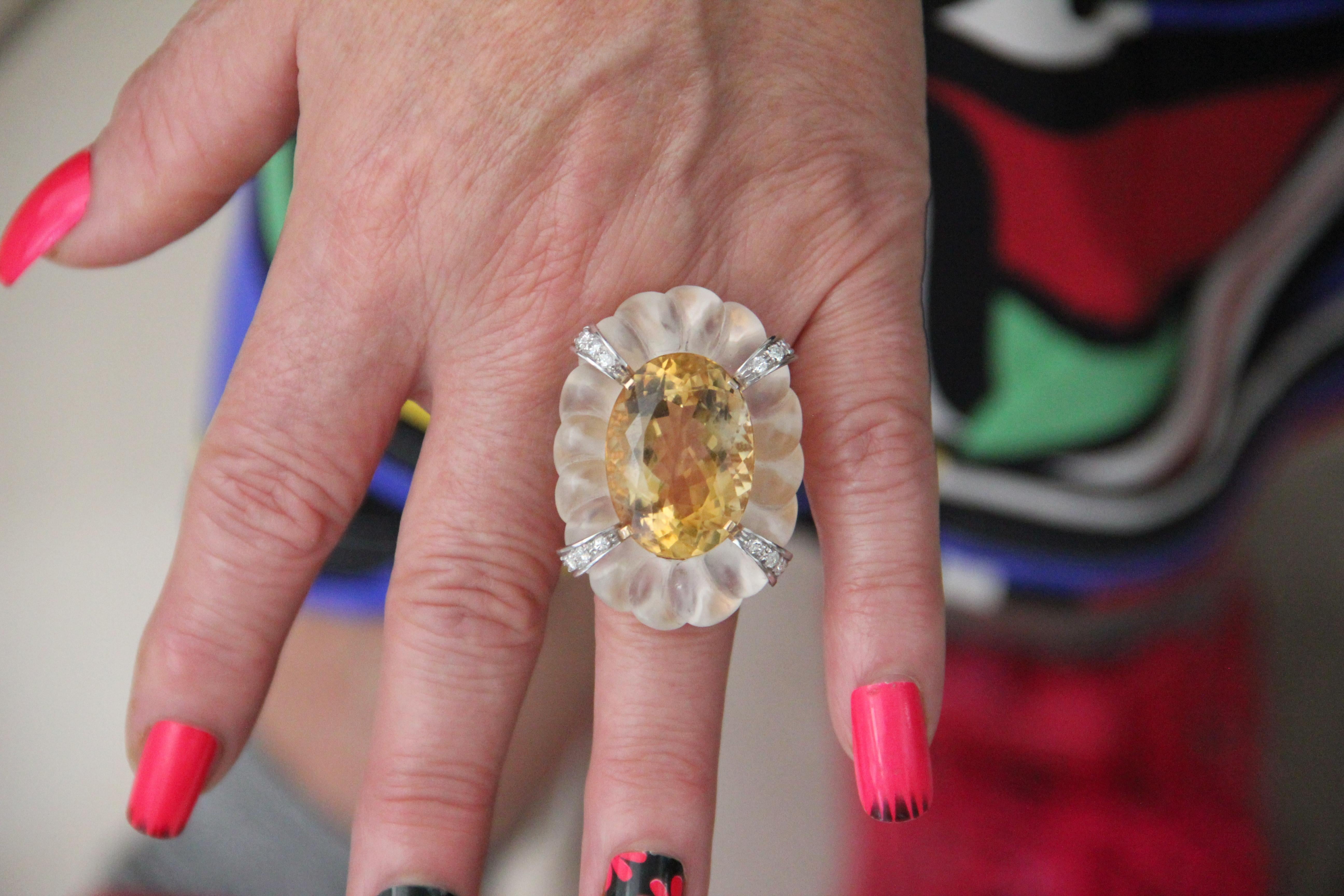 Handcraft Rock Crystal 18 Karat Gold Citrine Diamonds Cocktail Ring For Sale 8