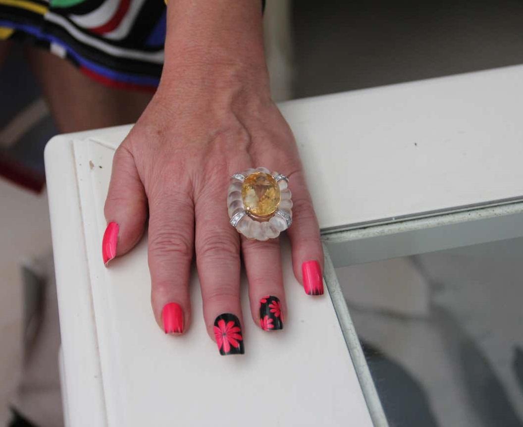 Handcraft Rock Crystal 18 Karat Gold Citrine Diamonds Cocktail Ring For Sale 12
