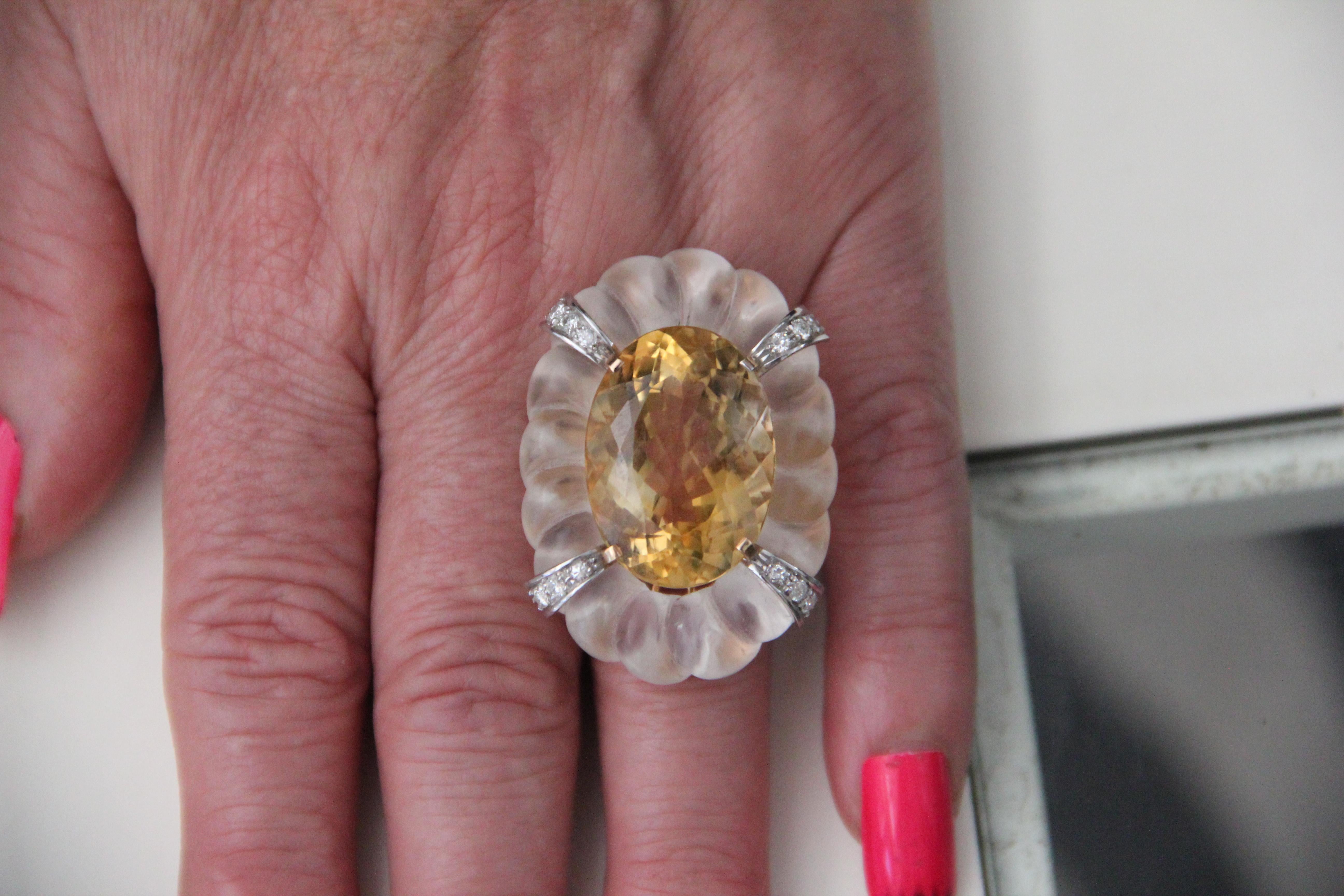 Handcraft Rock Crystal 18 Karat Gold Citrine Diamonds Cocktail Ring For Sale 5
