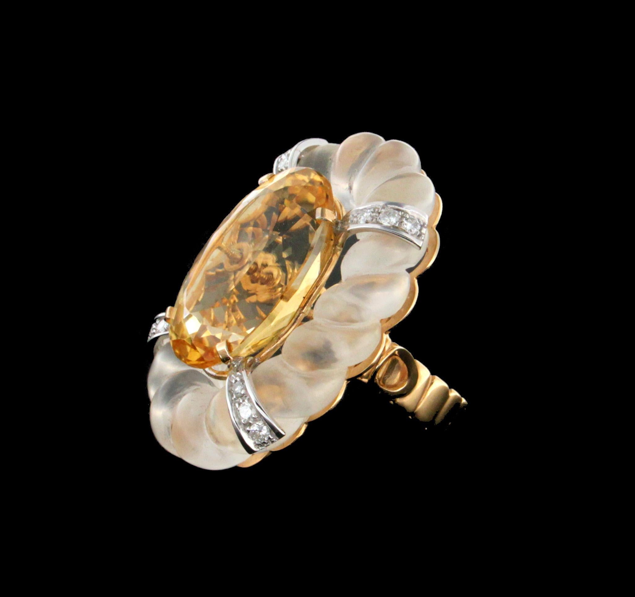 Mixed Cut Handcraft Rock Crystal 18 Karat Gold Citrine Diamonds Cocktail Ring For Sale