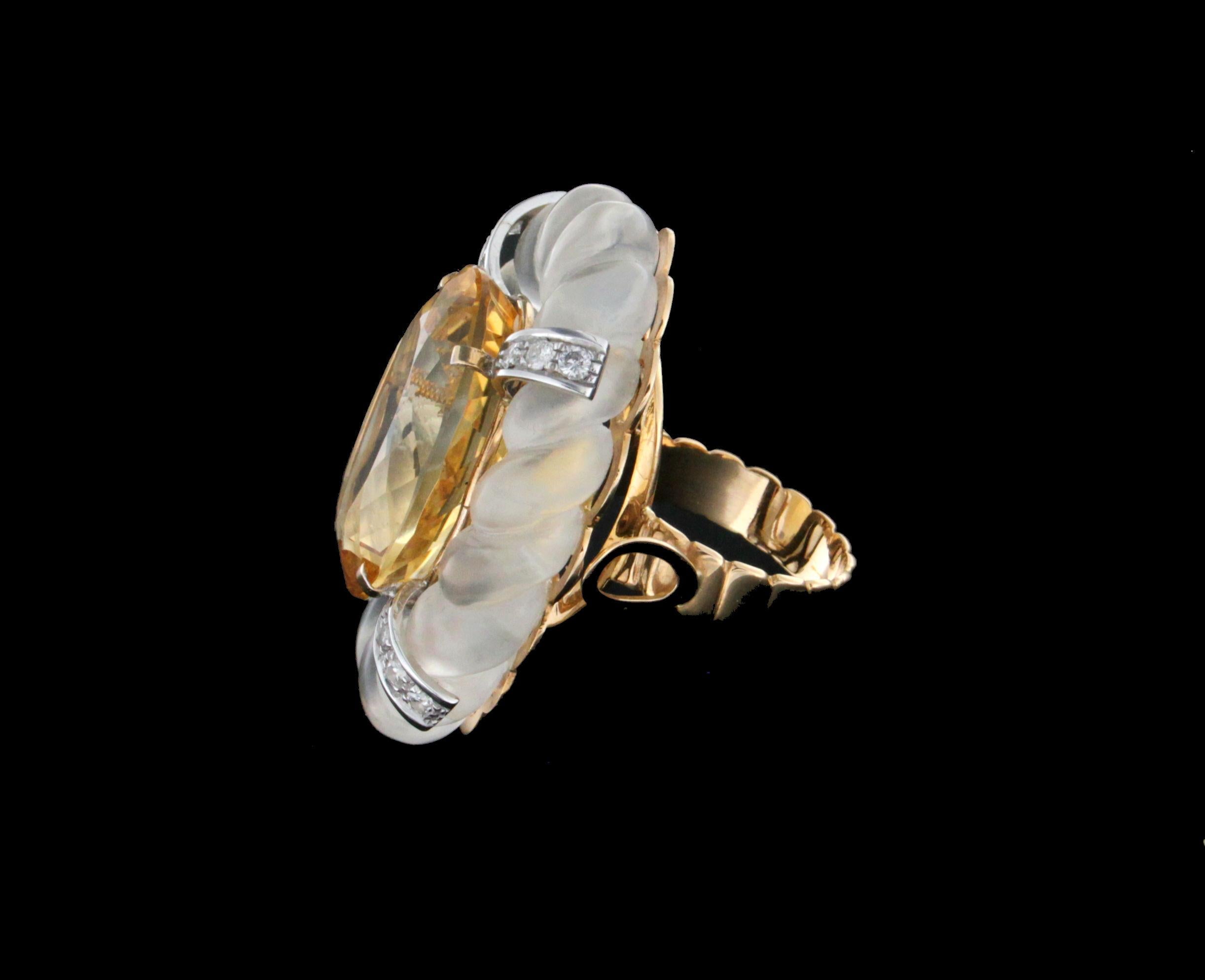 Handcraft Rock Crystal 18 Karat Gold Citrine Diamonds Cocktail Ring In New Condition For Sale In Marcianise, IT