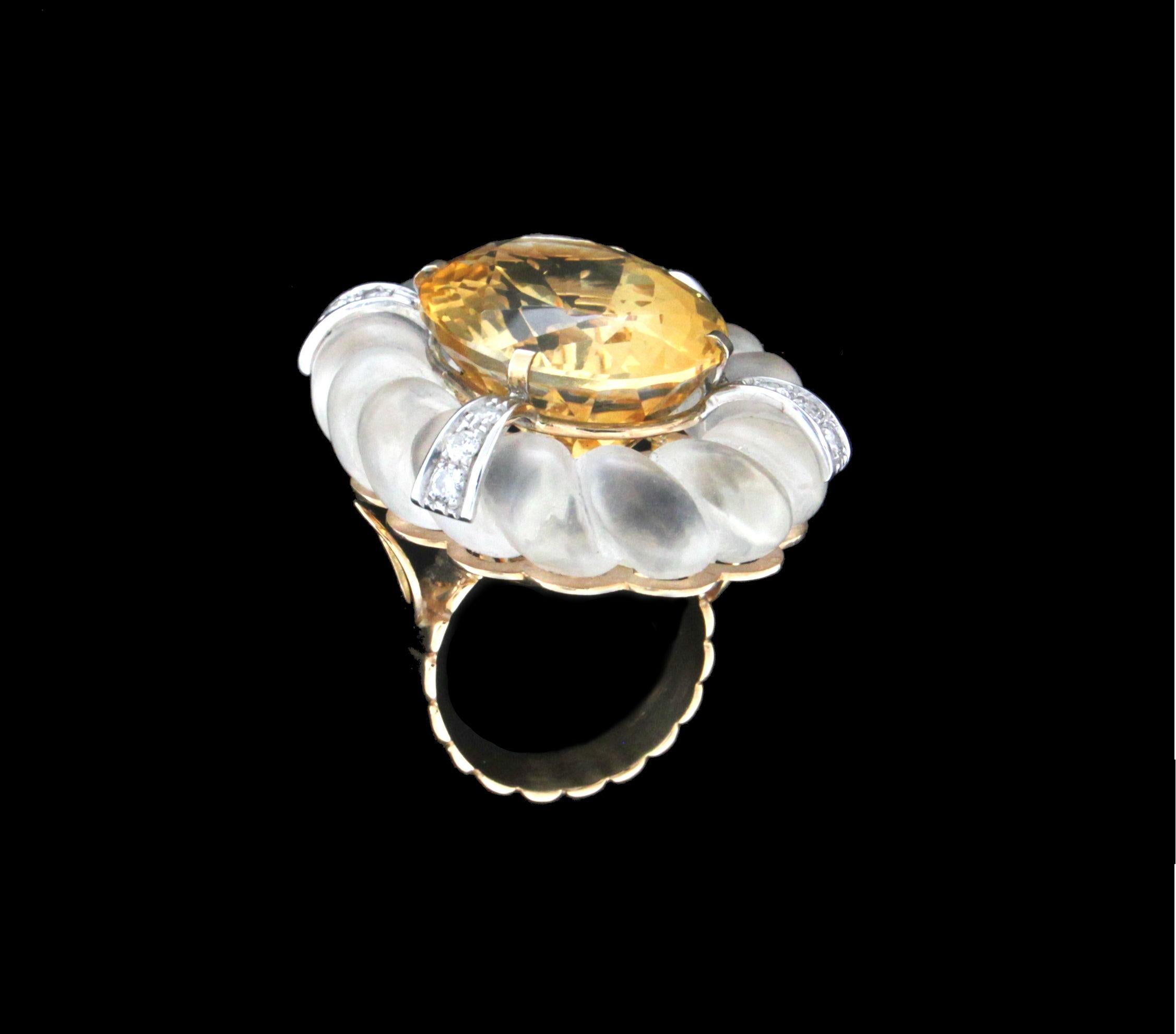 Women's Handcraft Rock Crystal 18 Karat Gold Citrine Diamonds Cocktail Ring For Sale