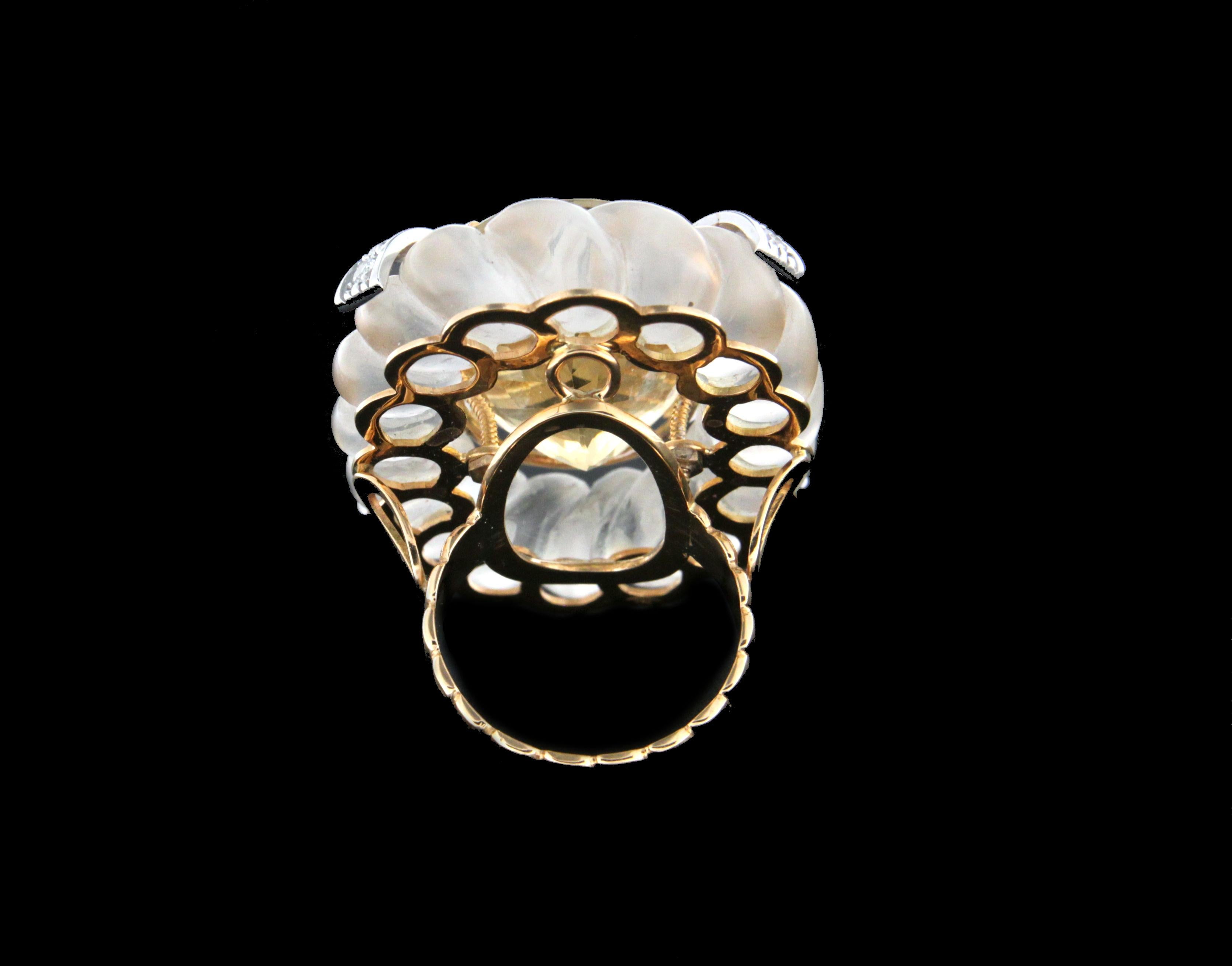 Handcraft Rock Crystal 18 Karat Gold Citrine Diamonds Cocktail Ring For Sale 1