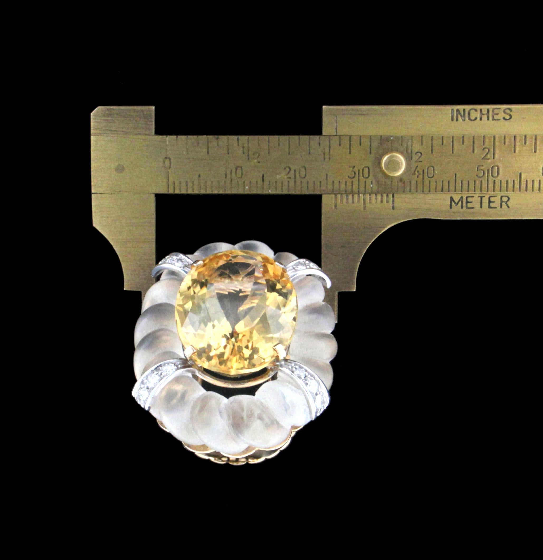 Handcraft Rock Crystal 18 Karat Gold Citrine Diamonds Cocktail Ring For Sale 2