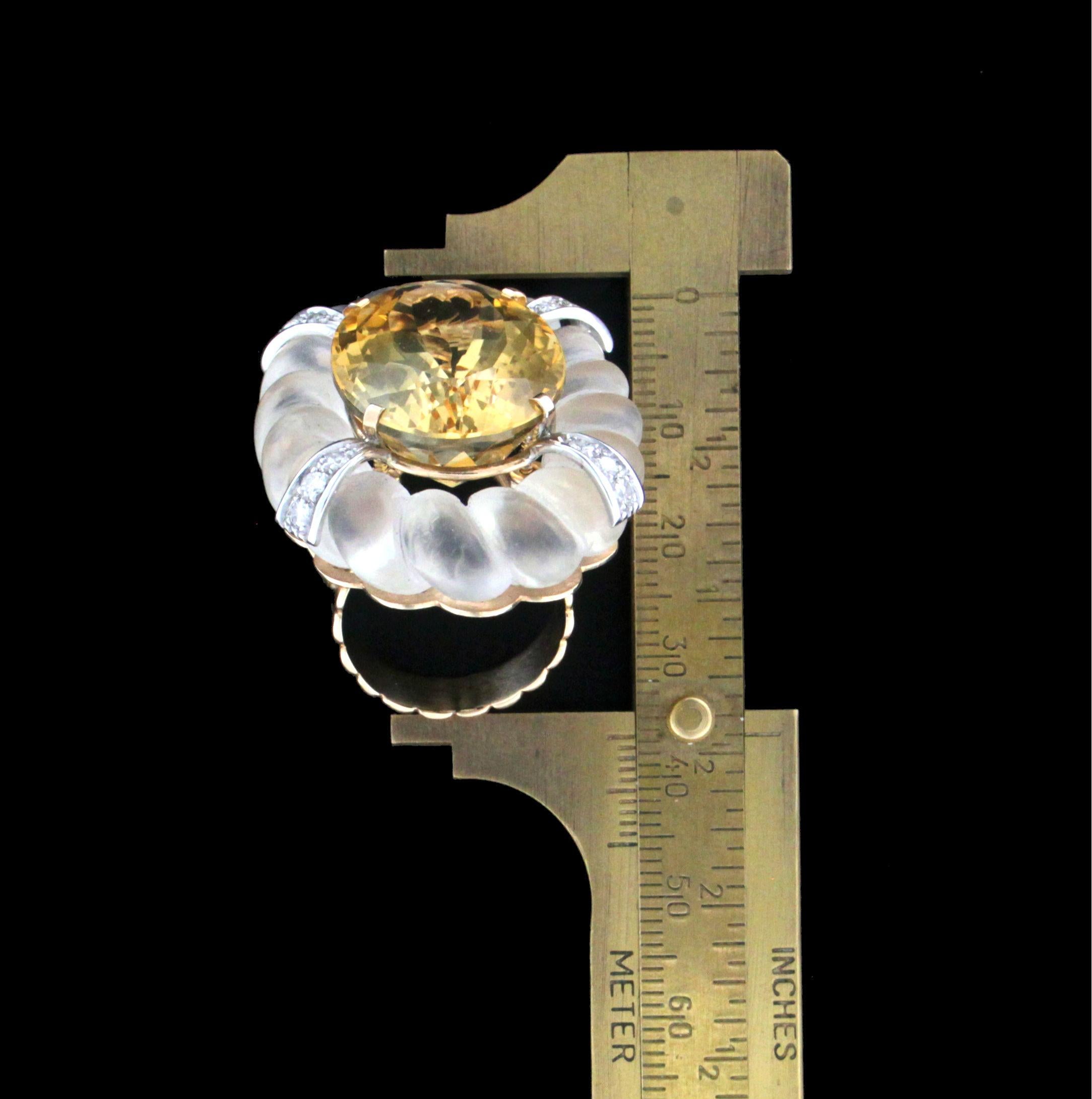 Handcraft Rock Crystal 18 Karat Gold Citrine Diamonds Cocktail Ring For Sale 3