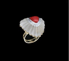 Handcraft Rock Crystal 18 Karat Gold Coral Diamonds Cocktail Ring