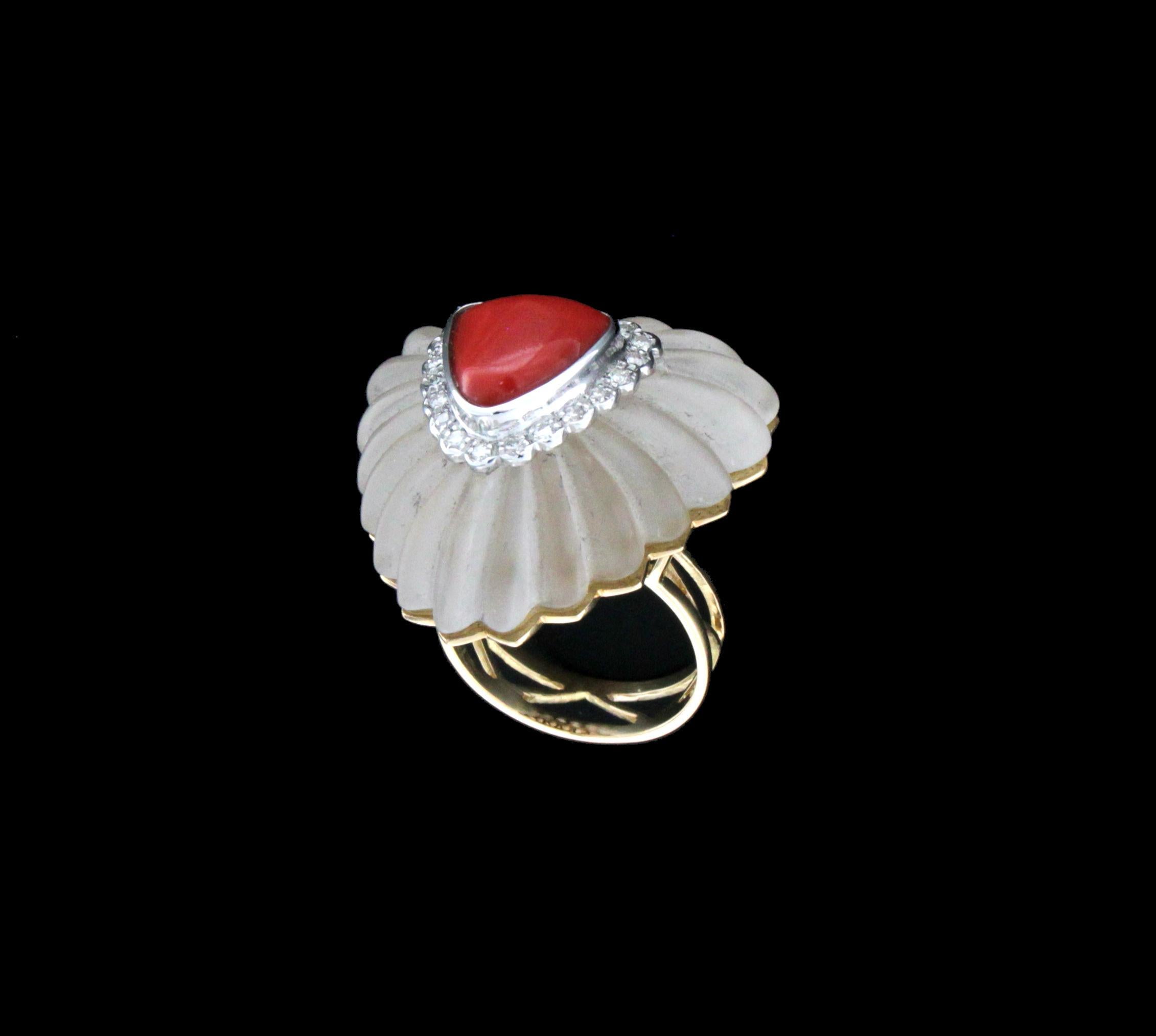 Mixed Cut Handcraft Rock Crystal 18 Karat Gold Coral Diamonds Cocktail Ring For Sale
