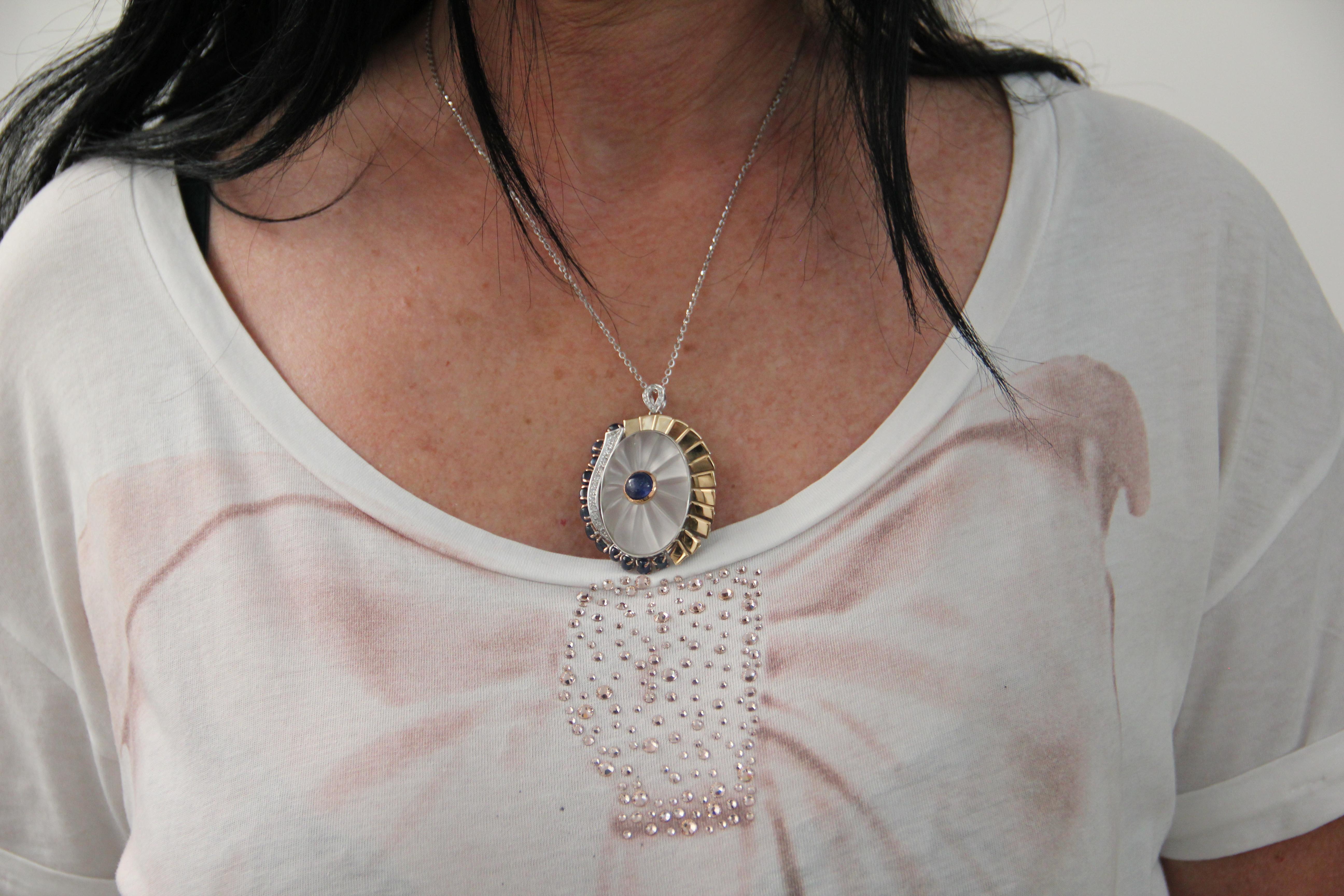 Handcraft Rock Crystal 18 Karat Gold Sapphires Diamonds Pendant Necklace For Sale 5