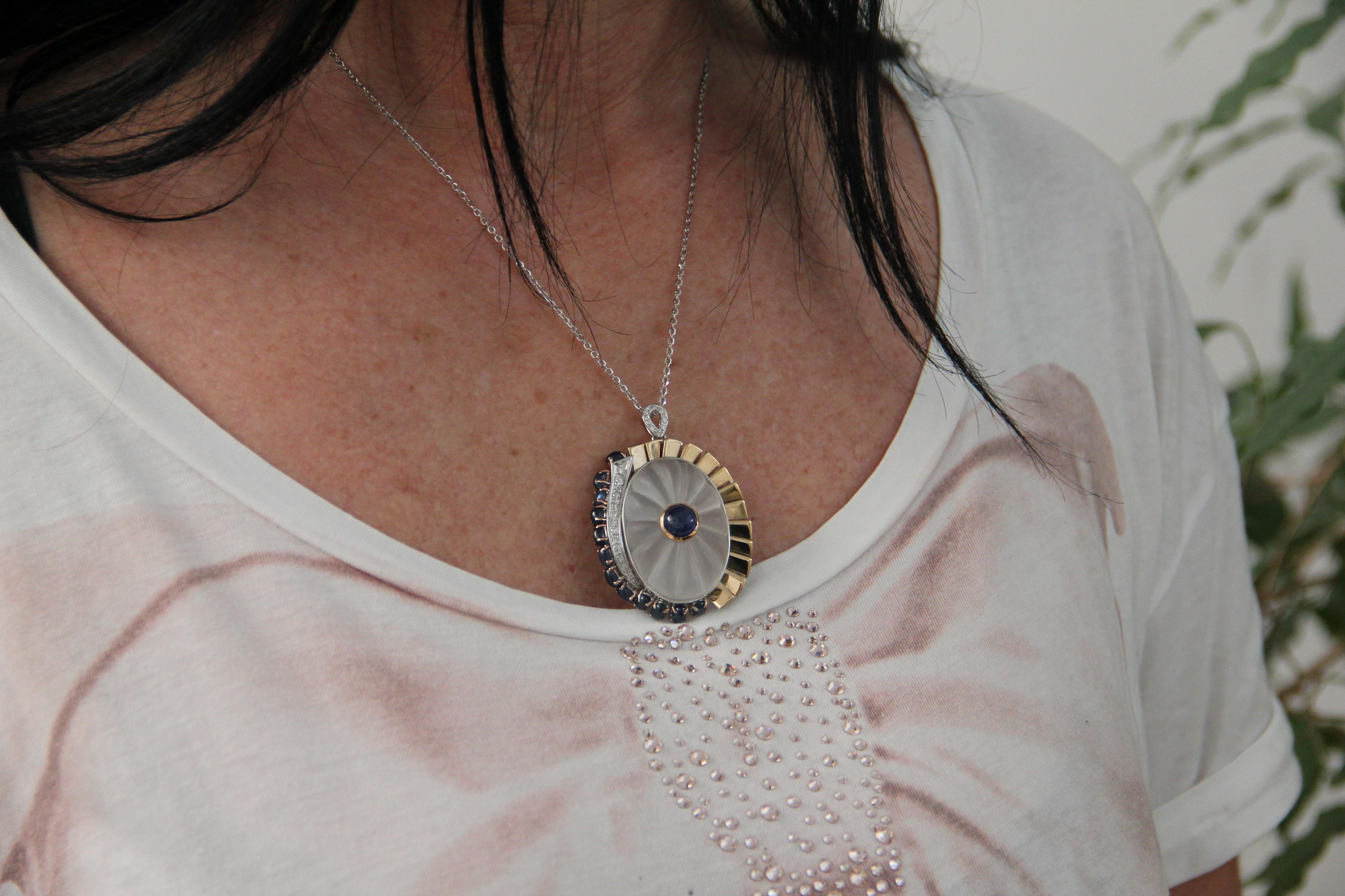 Handcraft Rock Crystal 18 Karat Gold Sapphires Diamonds Pendant Necklace For Sale 6