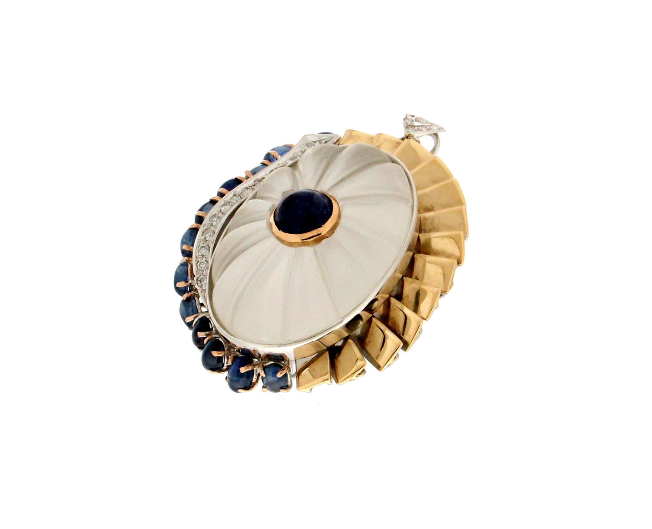 Artisan Handcraft Rock Crystal 18 Karat Gold Sapphires Diamonds Pendant Necklace For Sale