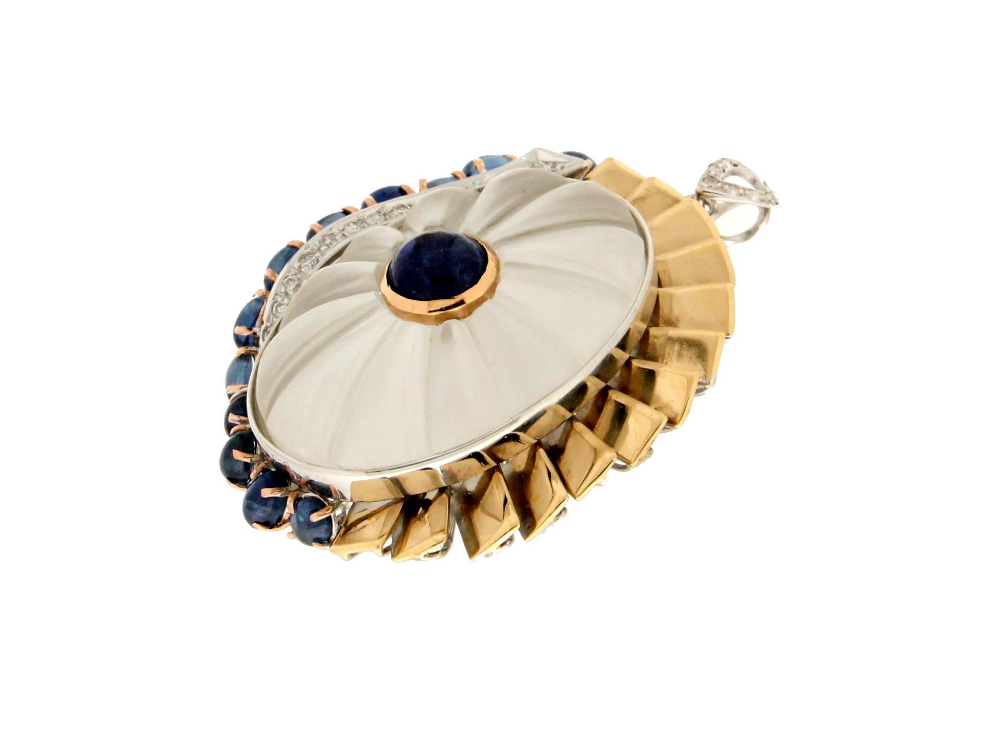 Mixed Cut Handcraft Rock Crystal 18 Karat Gold Sapphires Diamonds Pendant Necklace For Sale