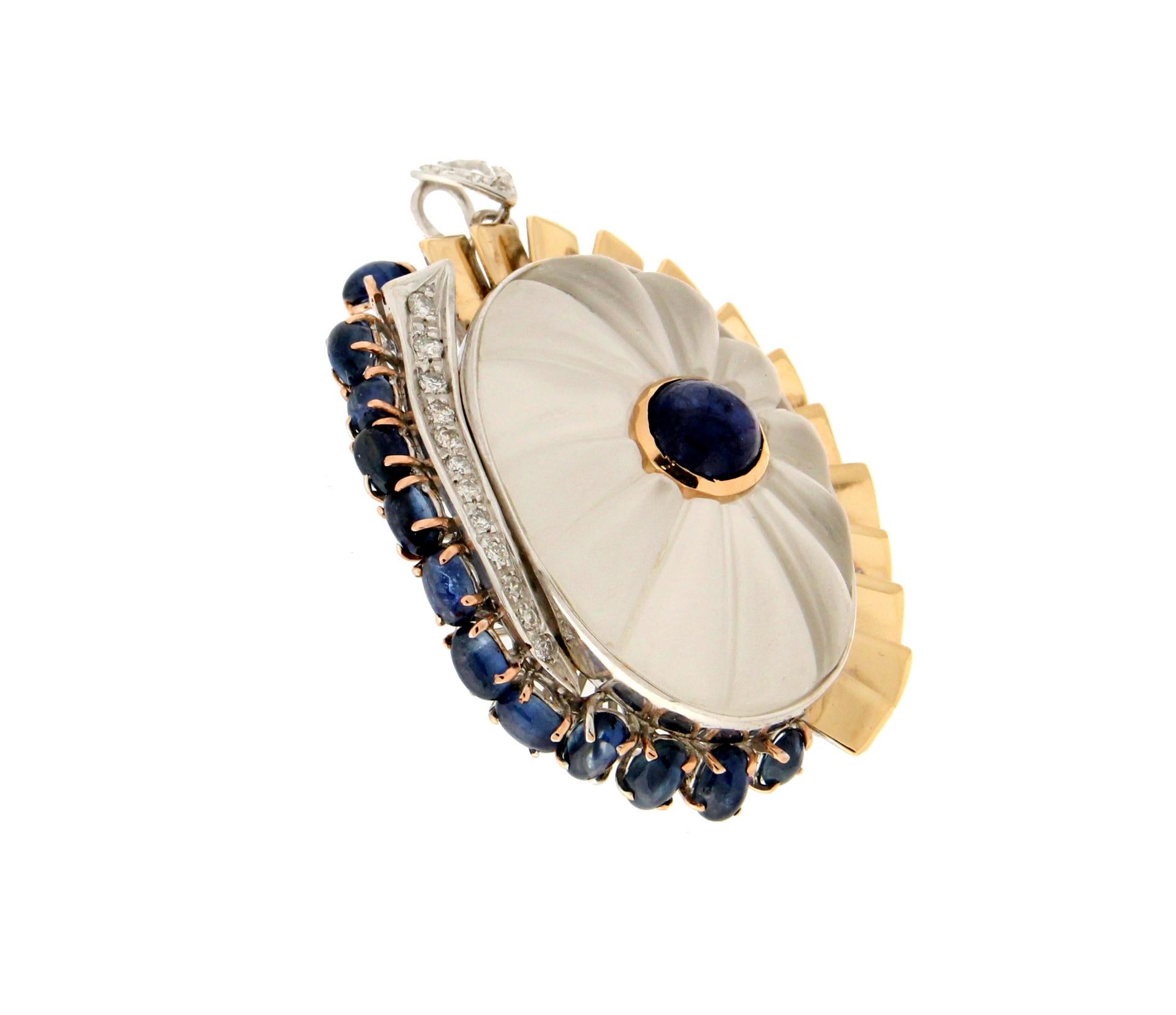 Handcraft Rock Crystal 18 Karat Gold Sapphires Diamonds Pendant Necklace In New Condition For Sale In Marcianise, IT
