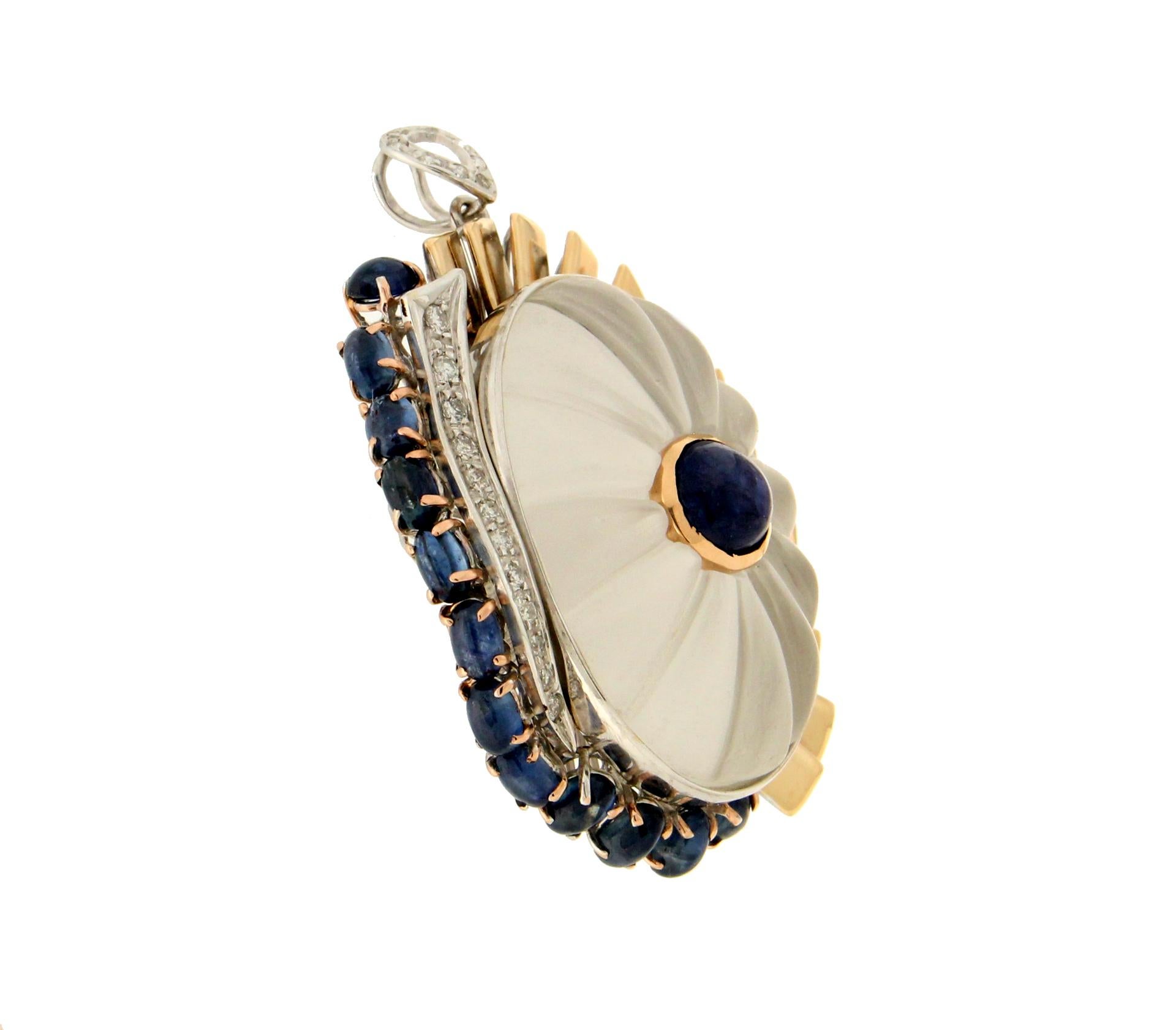 Women's or Men's Handcraft Rock Crystal 18 Karat Gold Sapphires Diamonds Pendant Necklace For Sale