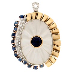 Handcraft Rock Crystal 18 Karat Gold Sapphires Diamonds Pendant Necklace