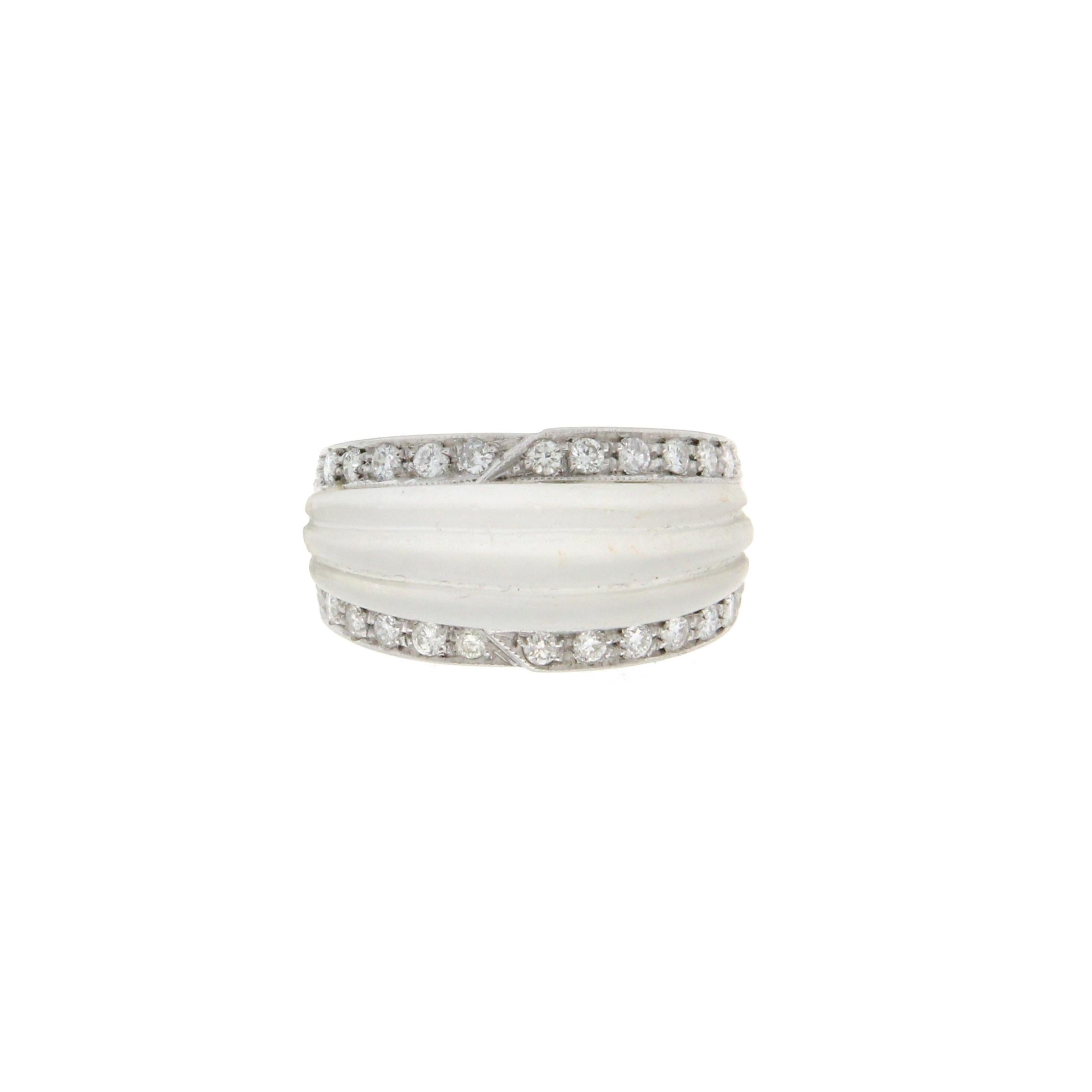 Artisan Handcraft Rock Crystal 18 Karat White Gold Diamonds Cocktail Ring For Sale