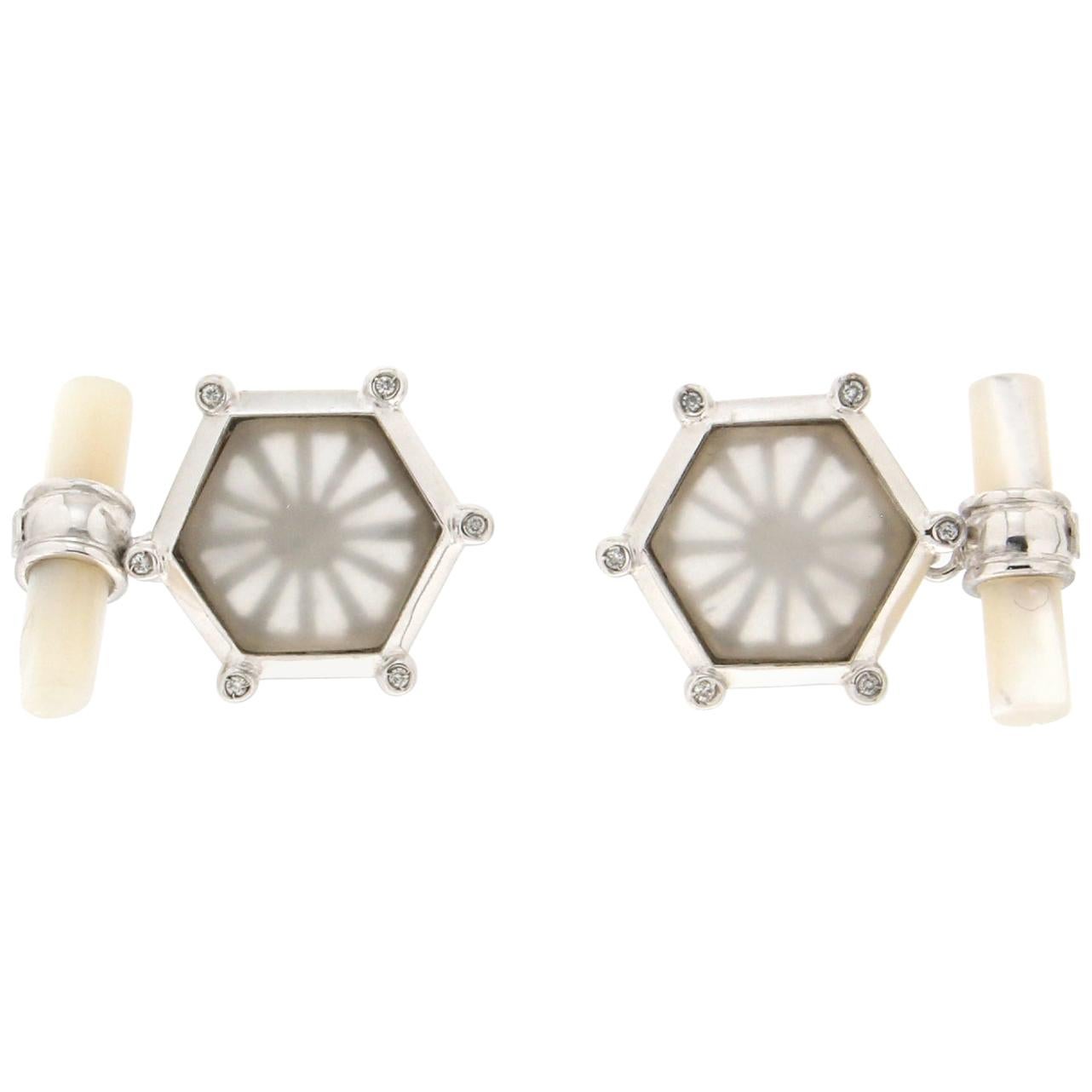 Handcraft Rock Crystal 18 Karat White Gold Diamonds Cufflinks For Sale