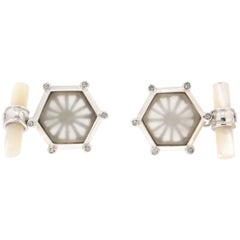 Boutons de manchette artisanaux en cristal de roche et or blanc 18 carats avec diamants