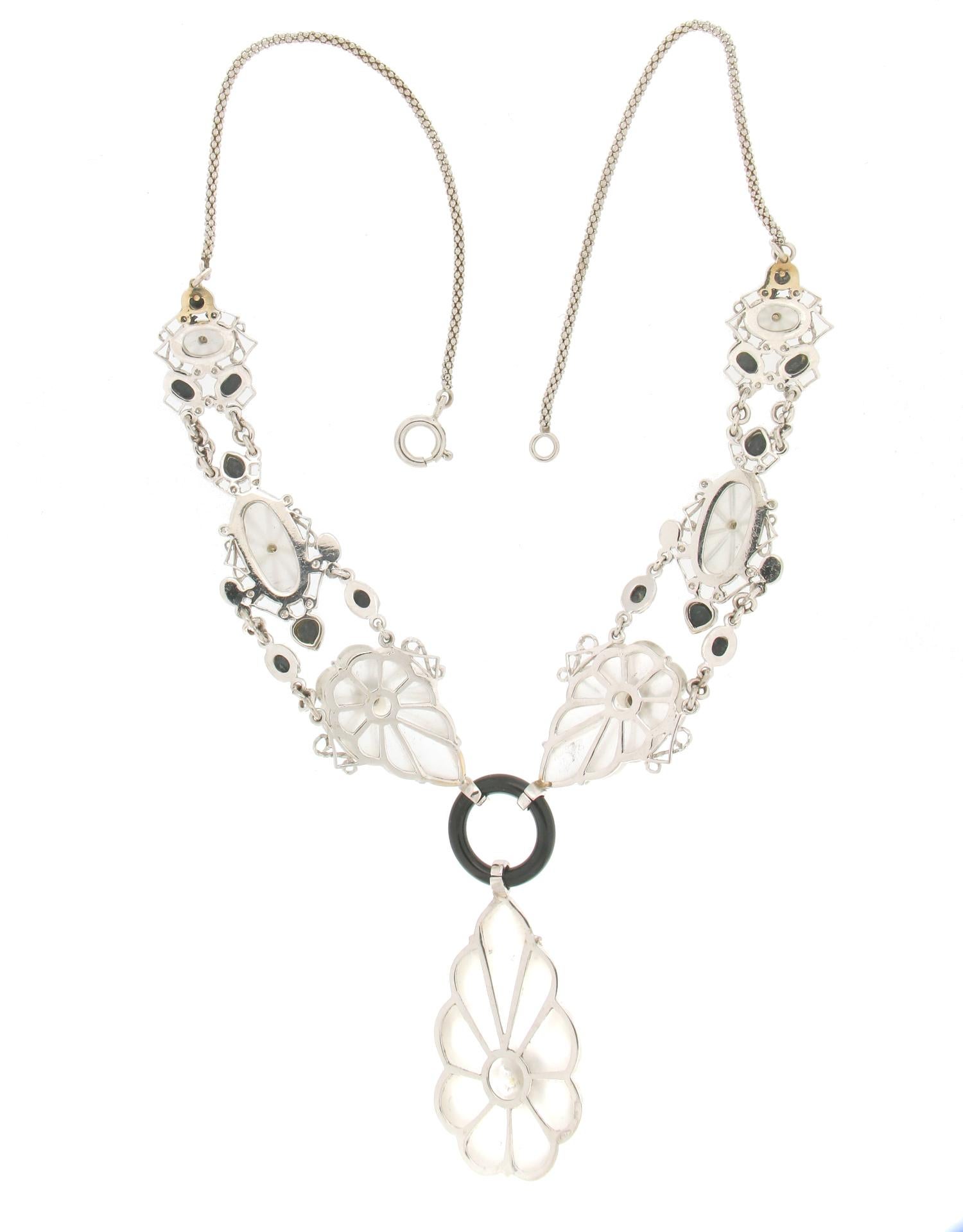 Artisan Handcraft Rock Crystal 18 Karat White Gold Onyx Diamonds Drop Necklace
