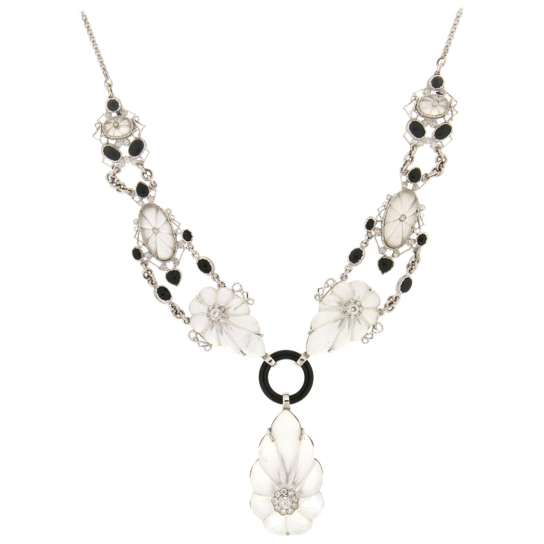 Handcraft Rock Crystal 18 Karat White Gold Onyx Diamonds Drop Necklace