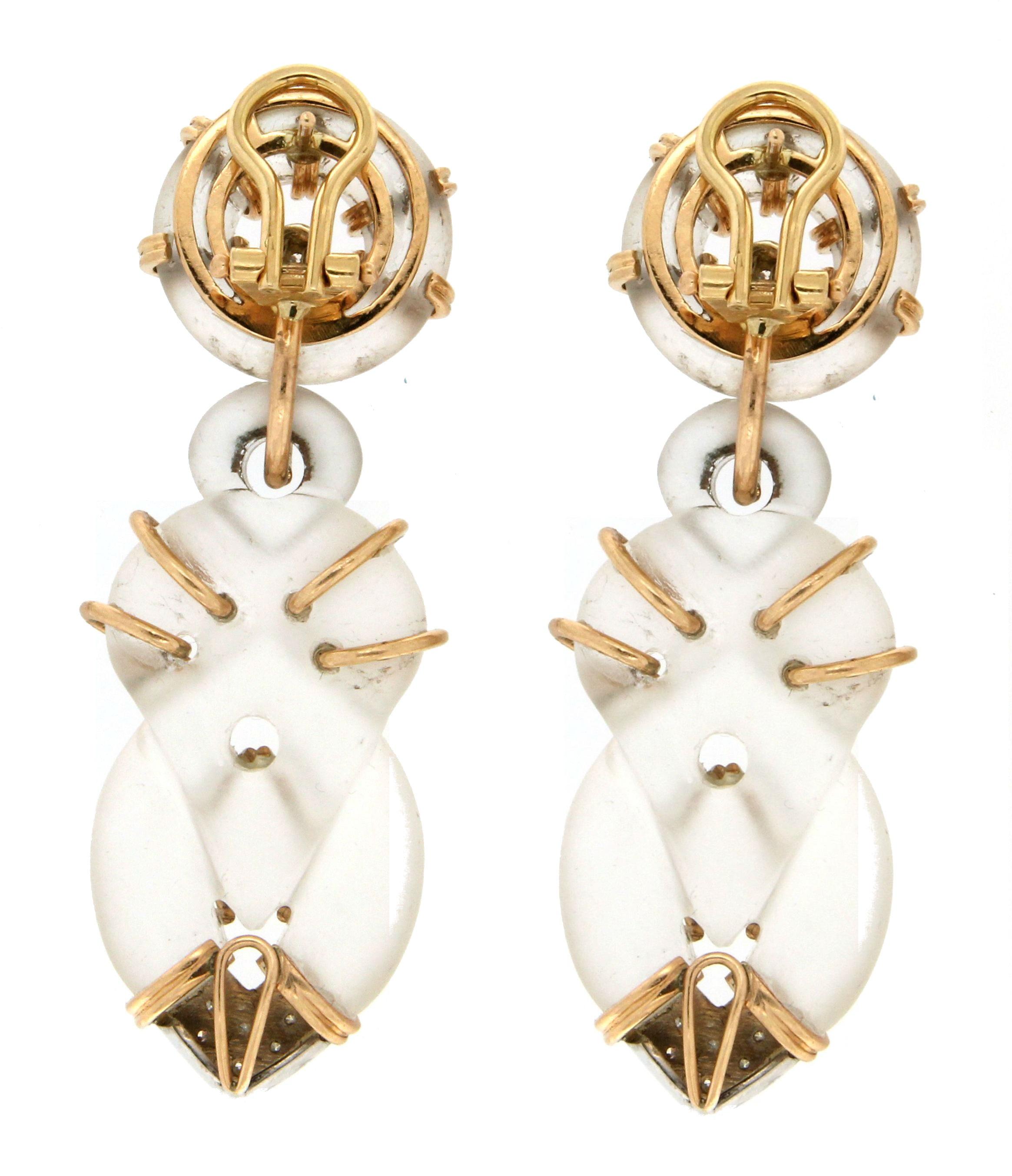 Artisan Handcraft Rock Crystal 18 Karat Yellow and White Gold Diamonds Stud Earrings