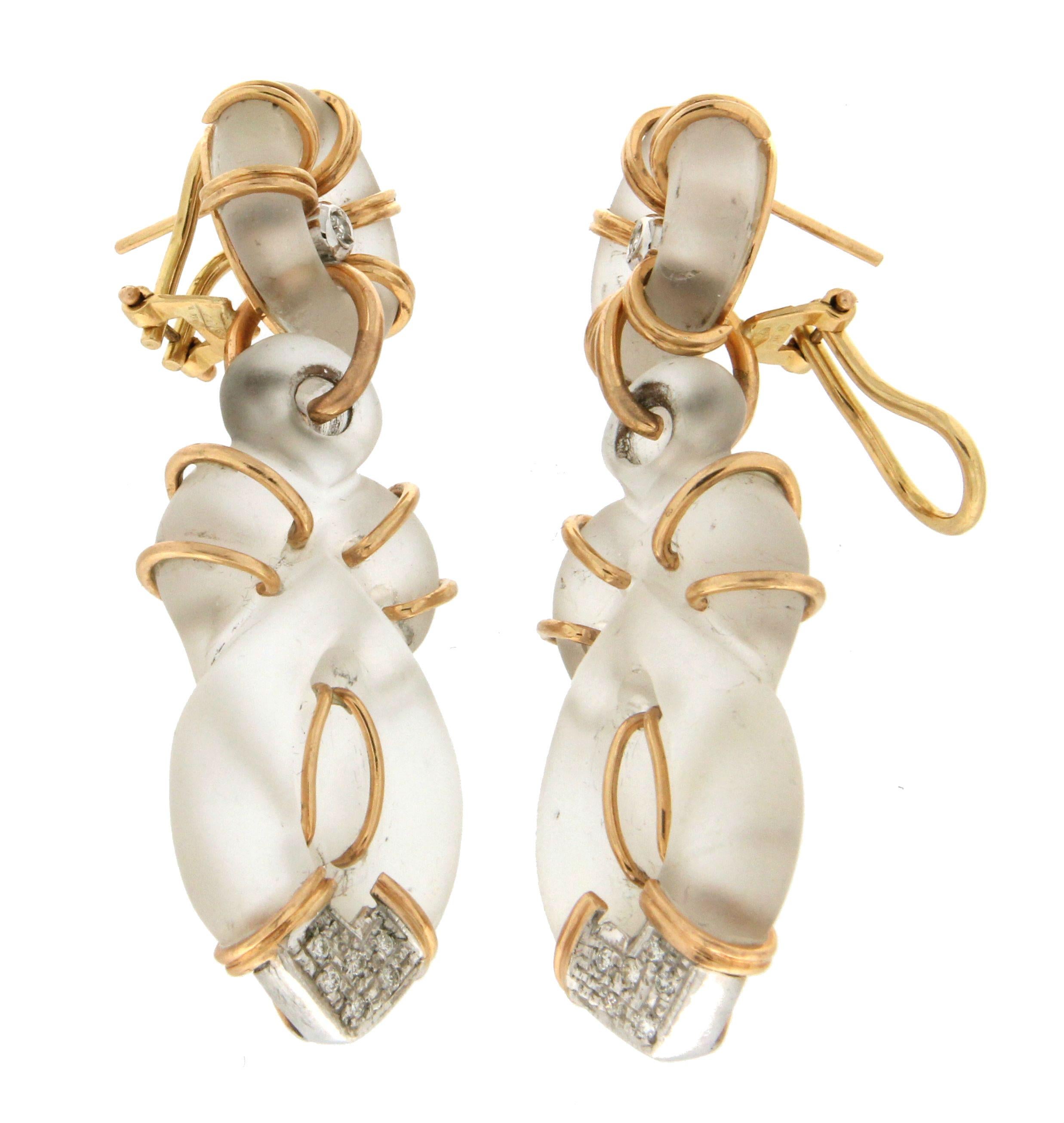 Brilliant Cut Handcraft Rock Crystal 18 Karat Yellow and White Gold Diamonds Stud Earrings