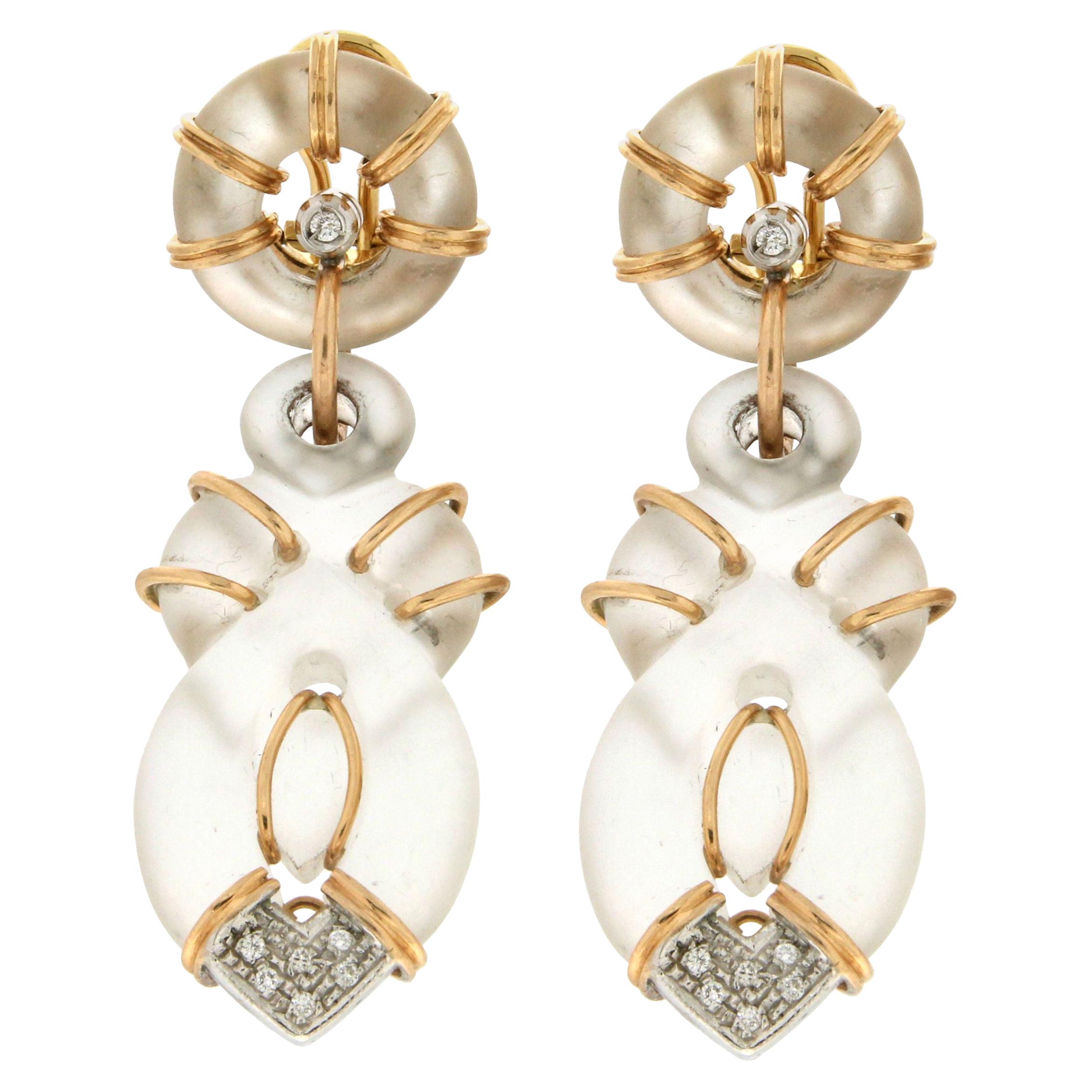 Handcraft Rock Crystal 18 Karat Yellow and White Gold Diamonds Stud Earrings