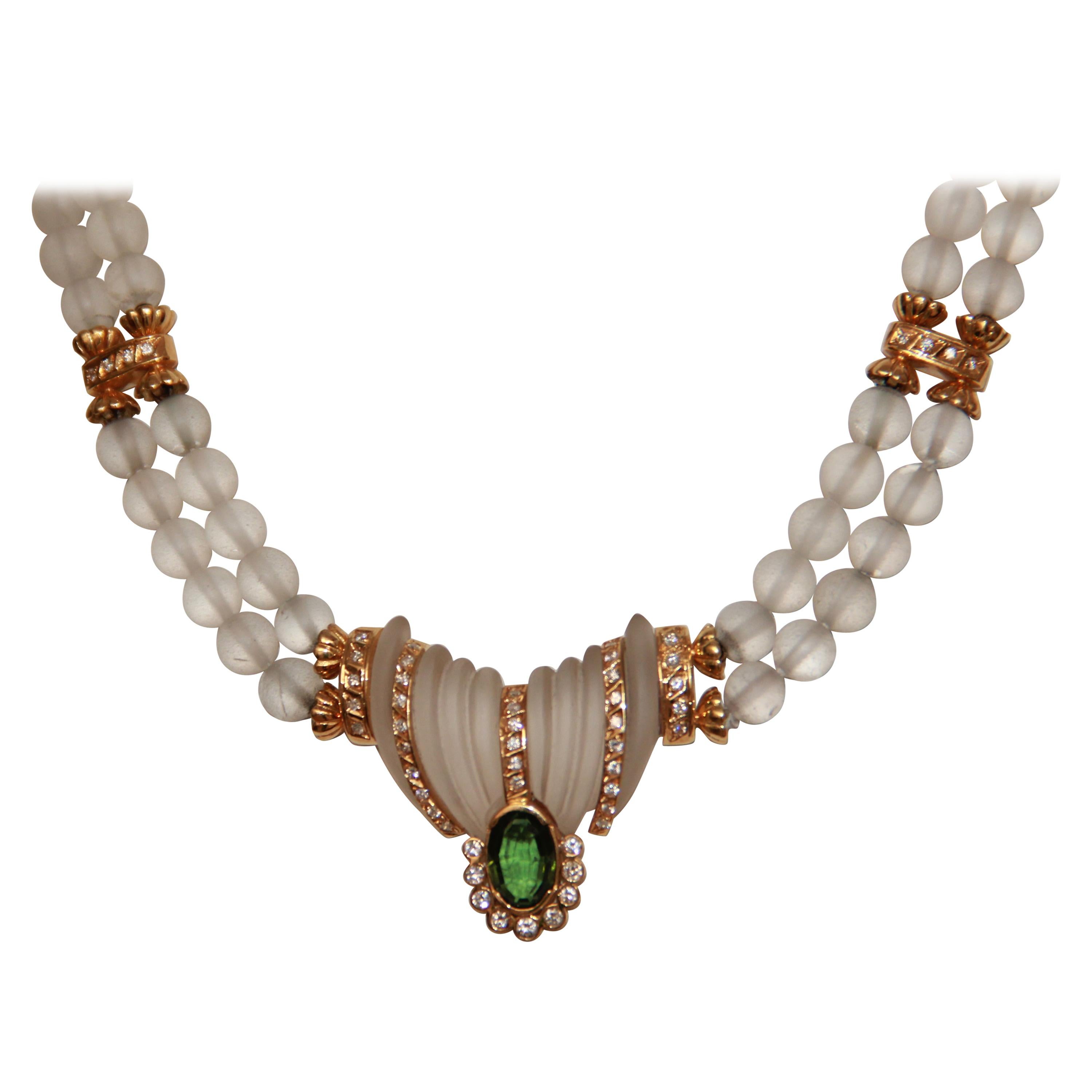 Handgefertigte Bergkristall-Halskette aus 18 Karat Gelbgold mit Diamanten und Apatit