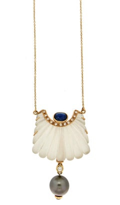 Handcraft Rock Crystal 18 Karat Yellow Gold Diamonds Ruby Kyanite Drop Necklace