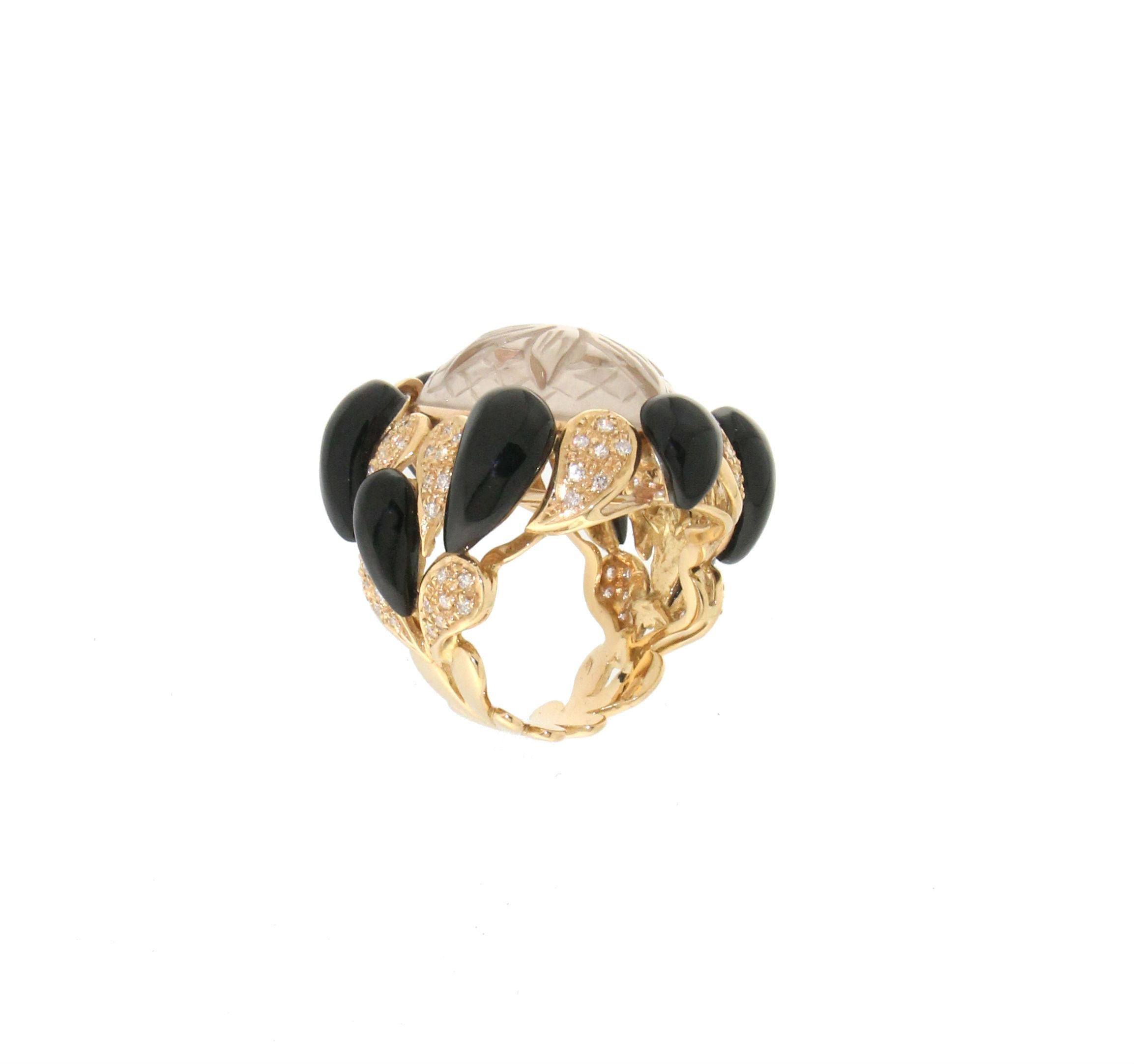 Artisan Handcraft Rock Crystal 18 Karat Yellow Gold Onyx Diamonds Cocktail Ring