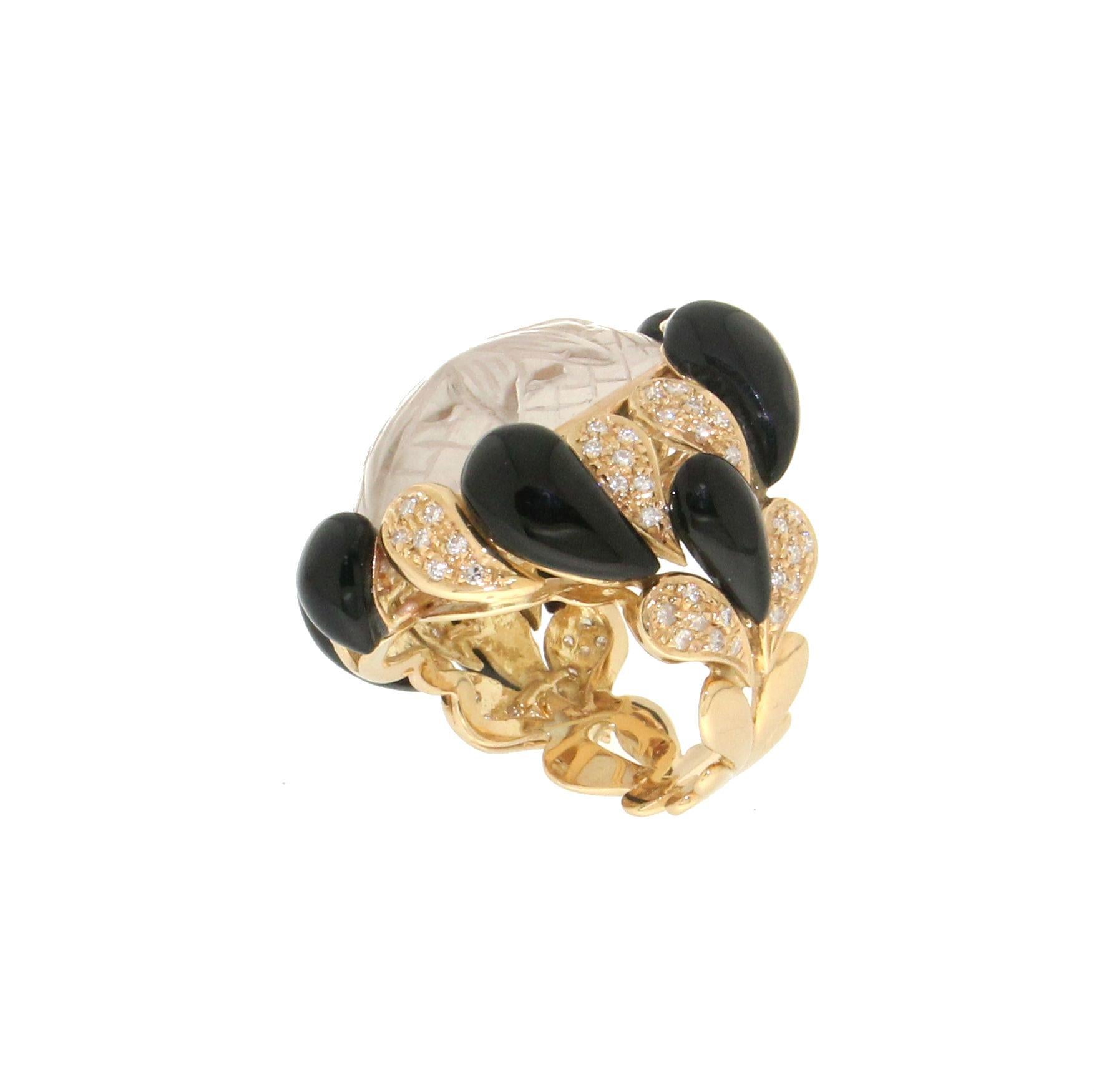 Women's or Men's Handcraft Rock Crystal 18 Karat Yellow Gold Onyx Diamonds Cocktail Ring
