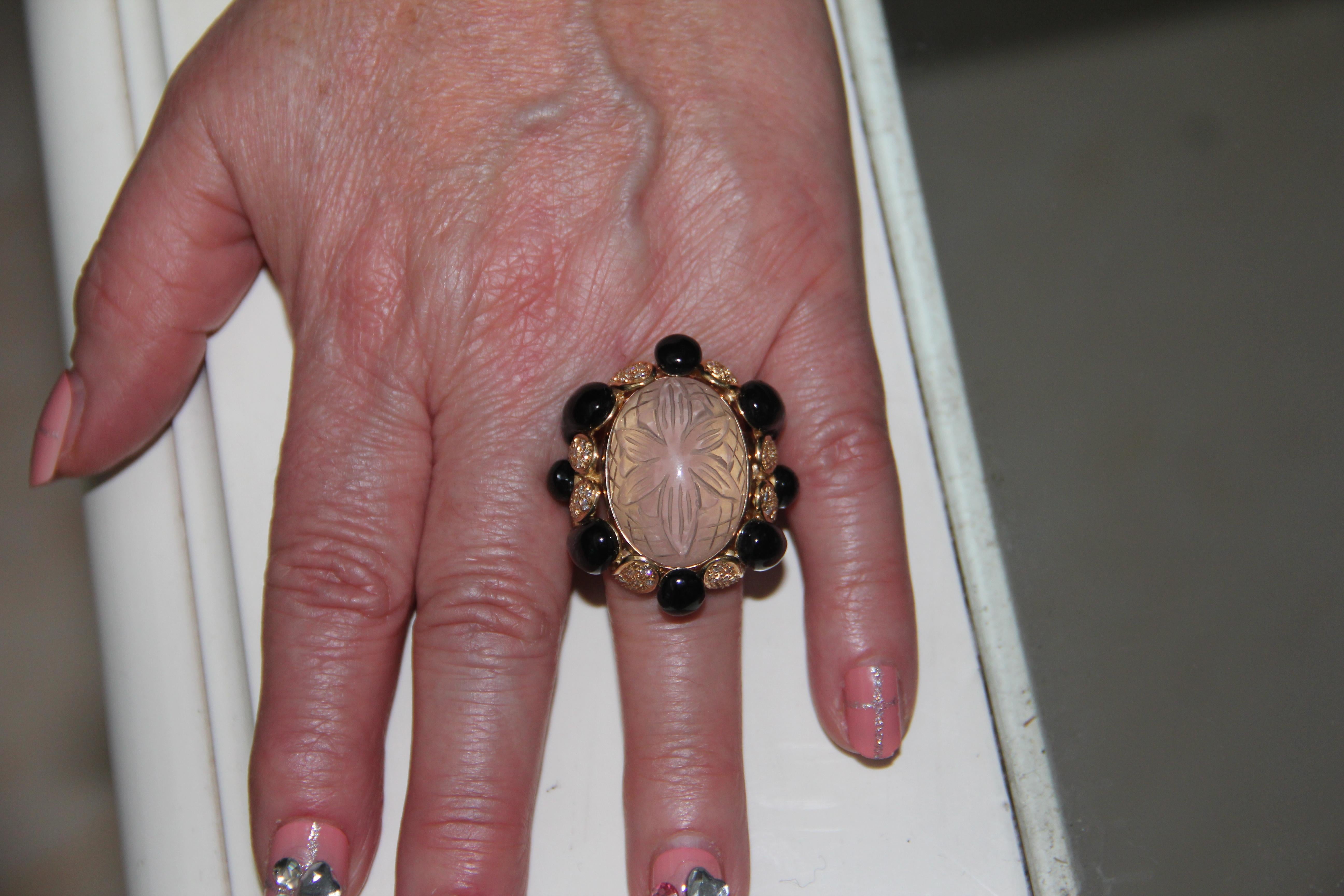 Handcraft Rock Crystal 18 Karat Yellow Gold Onyx Diamonds Cocktail Ring 5