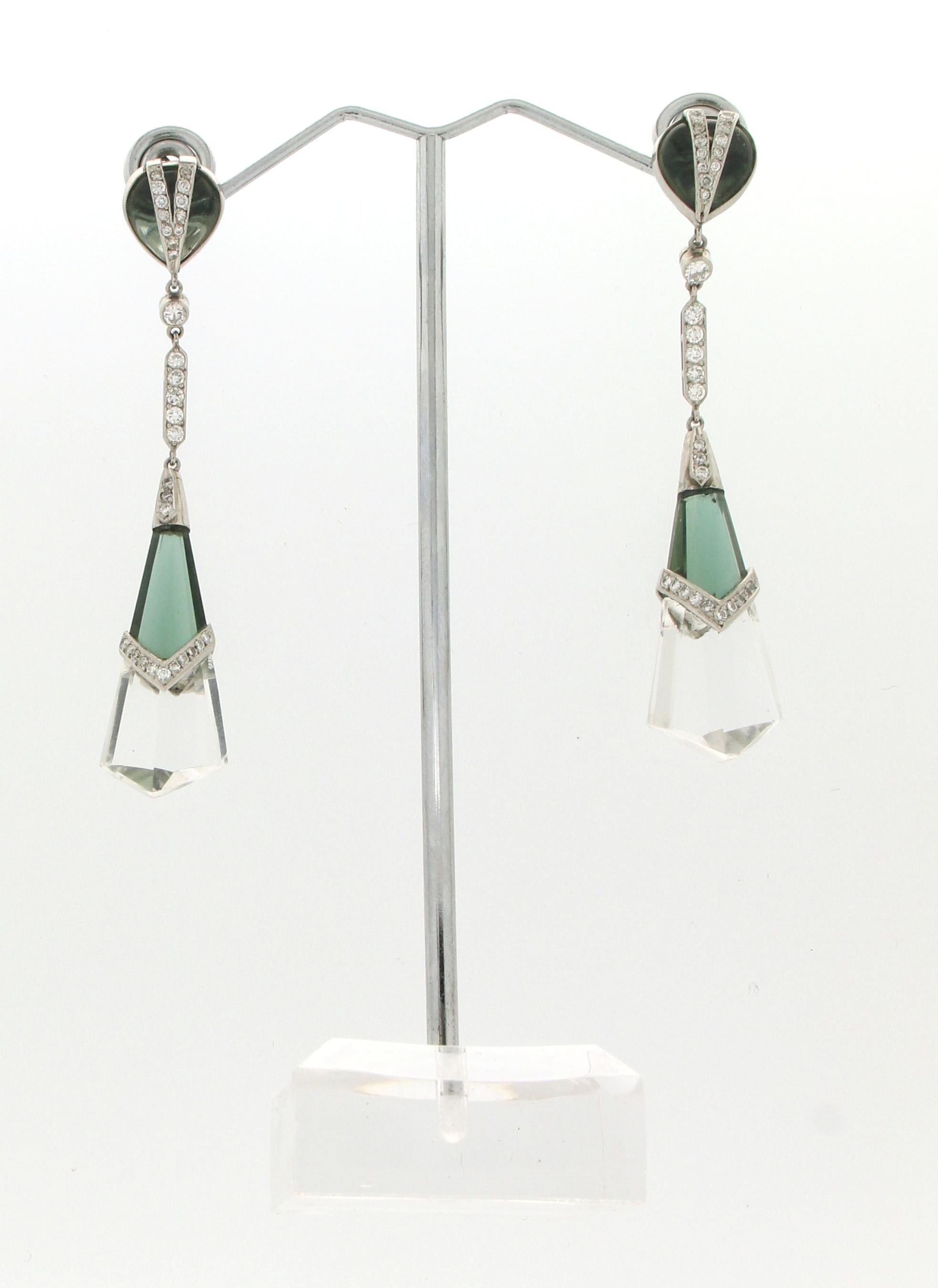 Artisan Handcraft Rock Crystal Platinum Peridot Diamonds Drop Earrings
