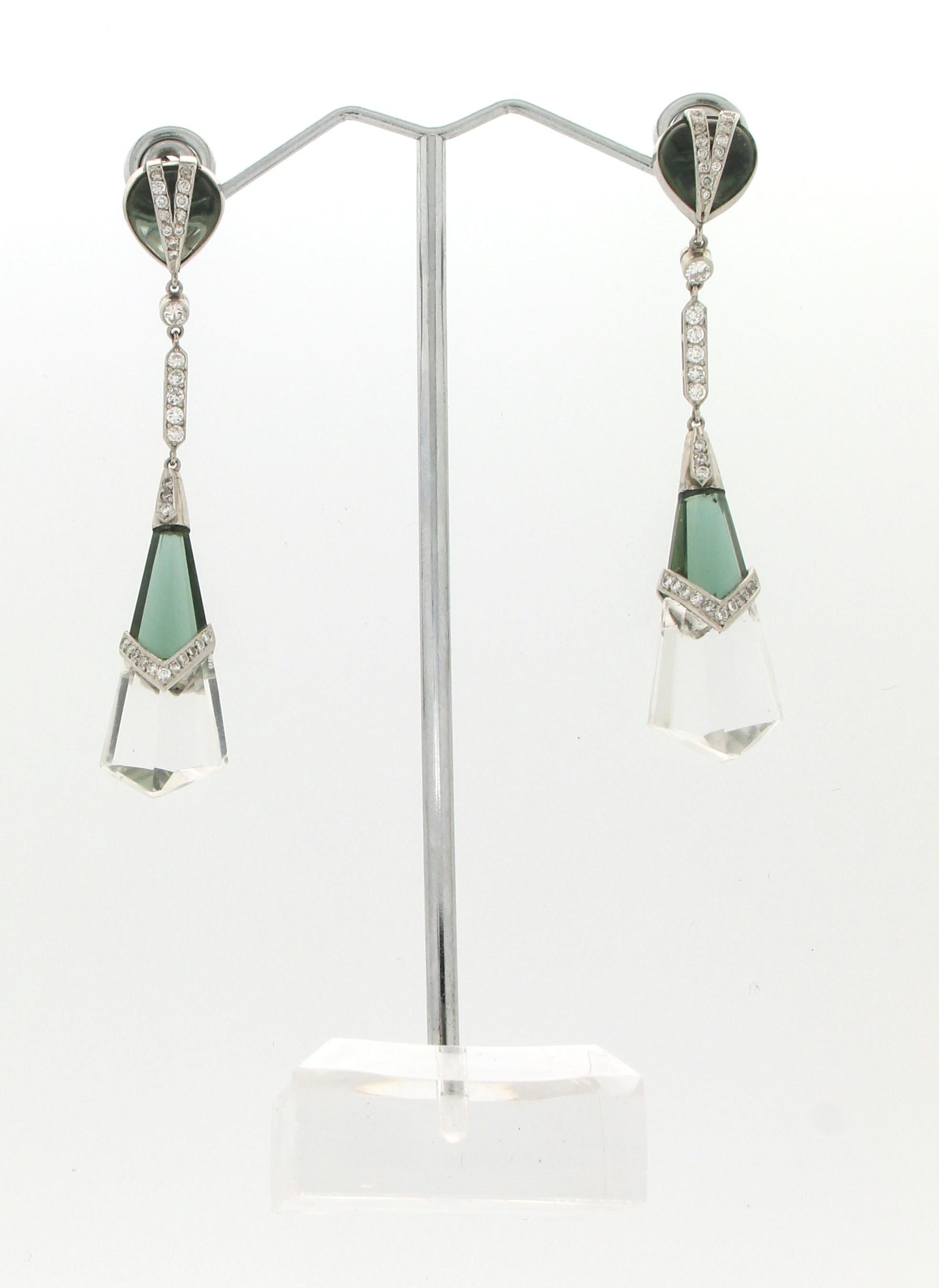 Artisan Handcraft Rock Crystal Platinum Peridot Diamonds Drop Earrings For Sale